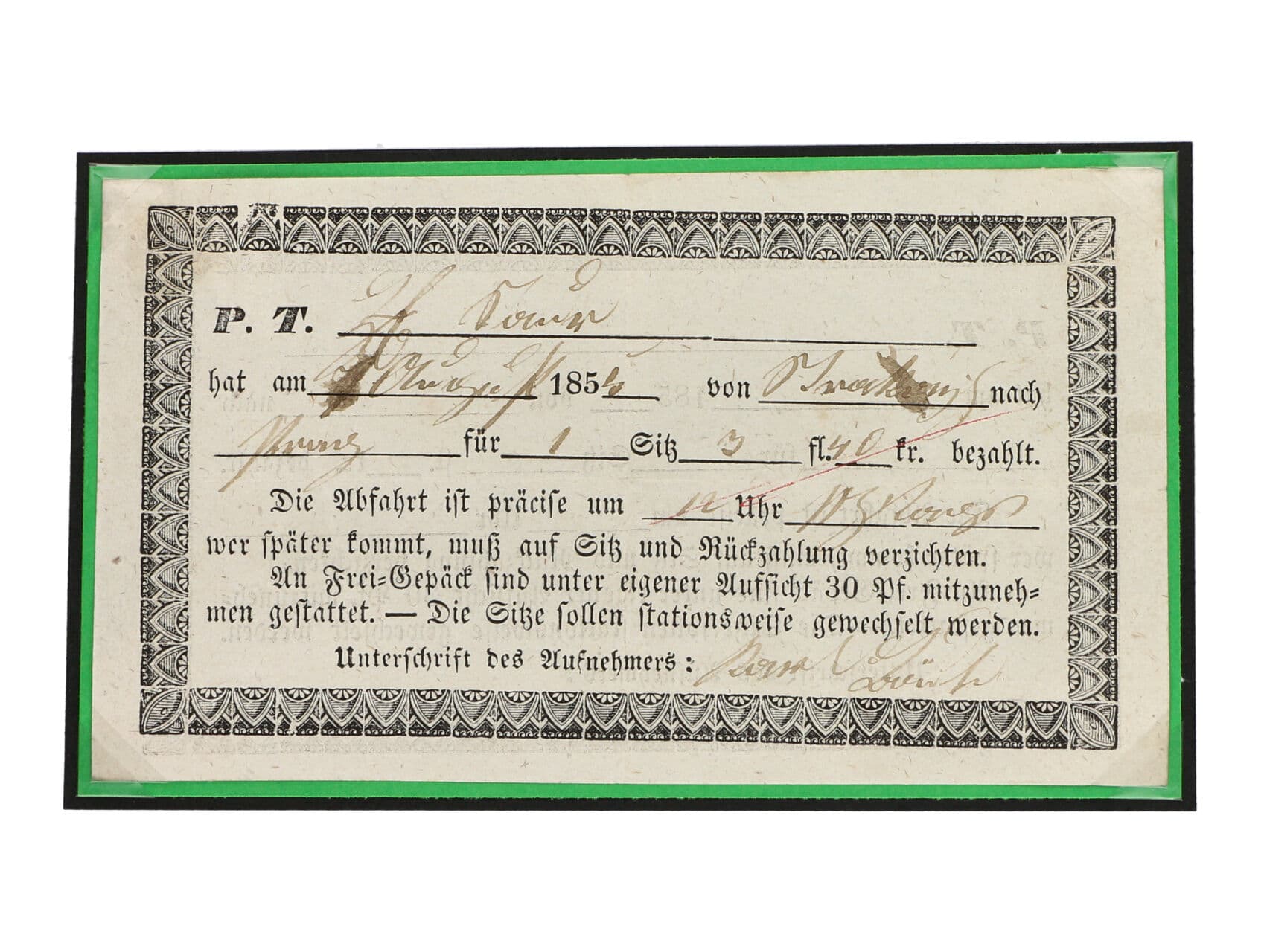 jízdenka na dostavník z 30.Aug.1854 ze Strakonic do Prahy s vyplaceným poplatkem 3fl 40kr, zajímavé