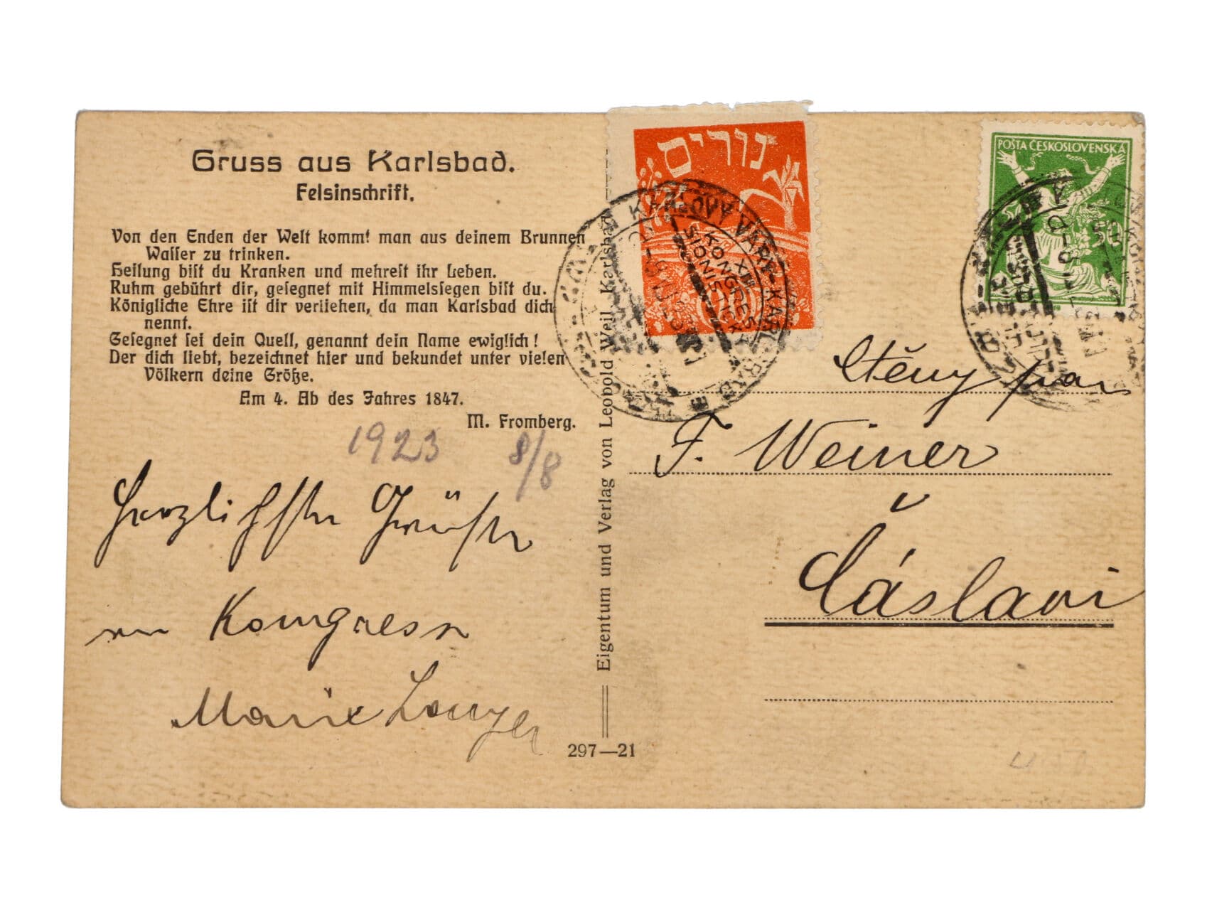 pohlednice do Čáslavi frank. zn. OR 50h + nálepka sionistického kongresu v Karlových Varech, pod. pam. raz. KARLOVY VARY XIII. KONGRES SIONISTICKÝ 8.8.23, zajímavé