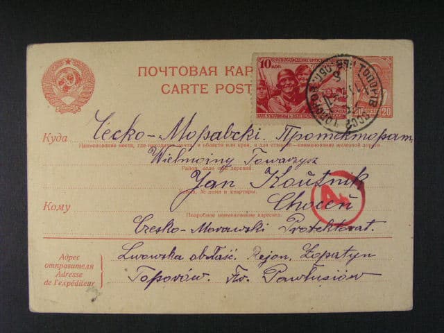 dofrank. ruská celina odeslaná z obsazeného Polska do Čech, pod. raz. TOPOROV 11.2.41 + cenzura
