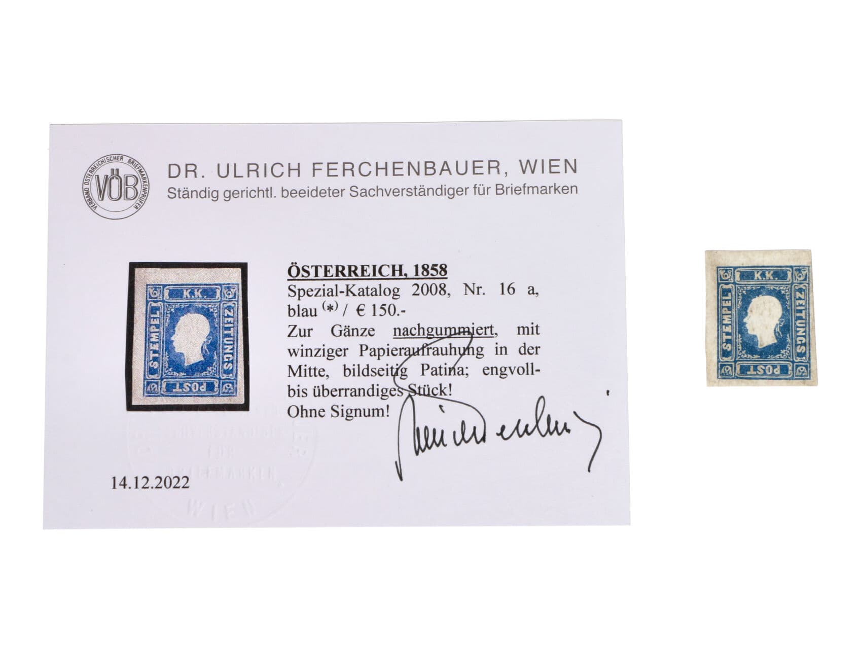 zn. Fe. č. 16a modrá nepoužitá s novým lepem, pěkný střih, atest Ferchenbauer, 150 EUR