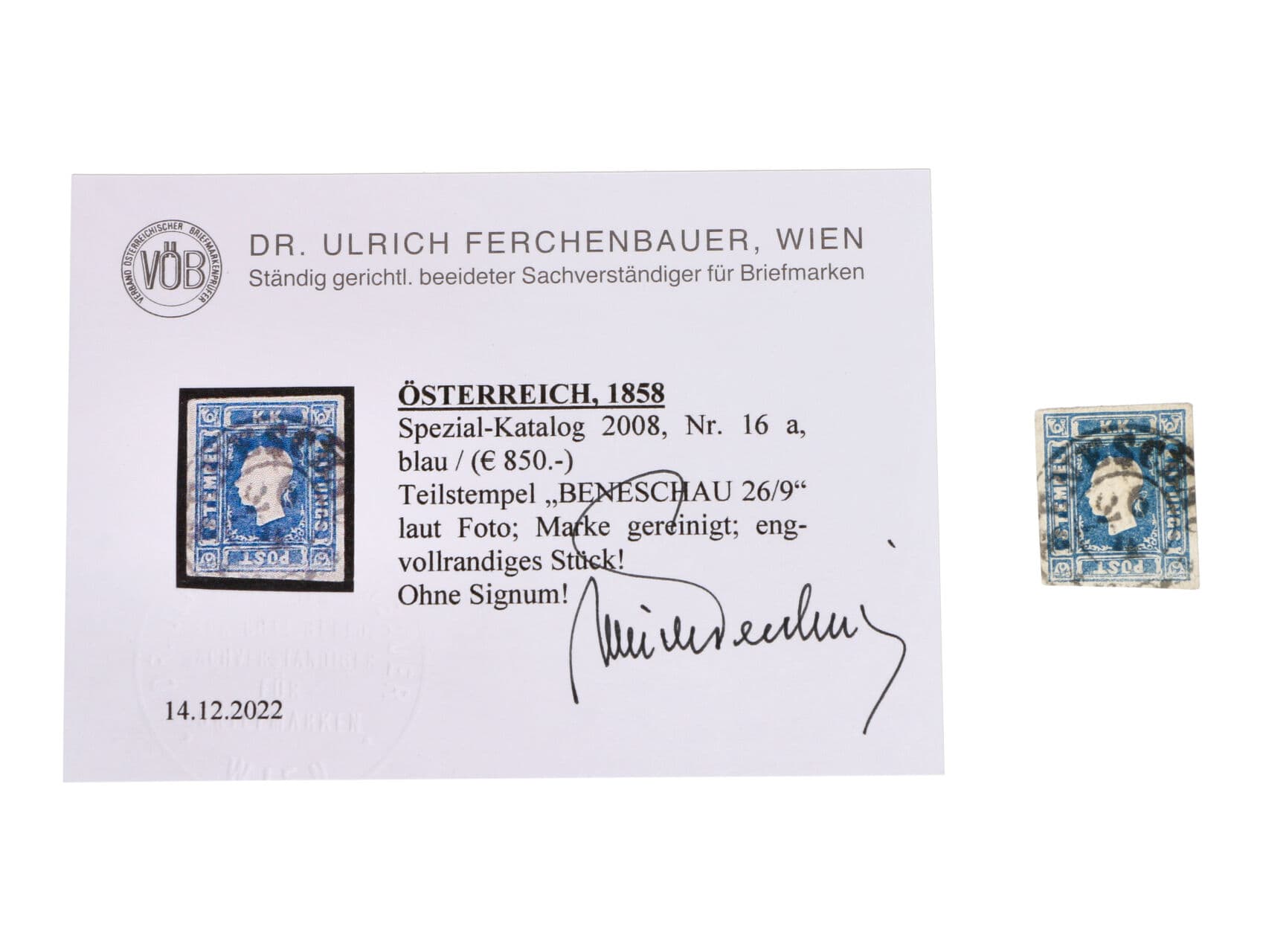 zn. Fe. č. 16a modrá s nekompl. raz. BENESCHAU 26.9., atest ferchenbauer, 850 EUR