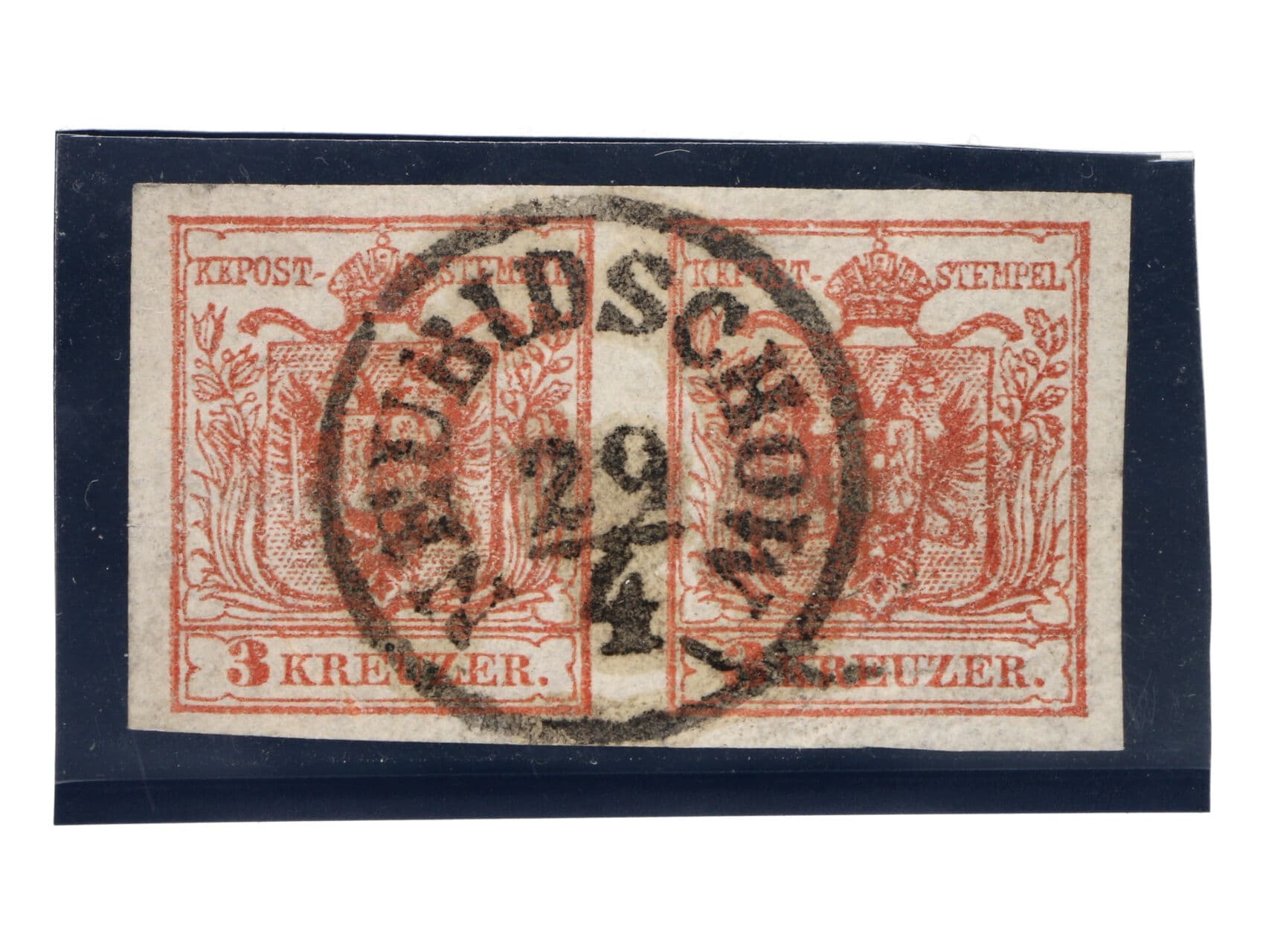 Fe. č. 3 H IIIa, vodorovná dvoupáska, razítko NEUBIDSCHOW 29/4, atest Dr. Ferchenbauer