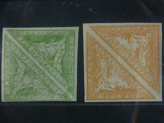 Franz Josef Land 1872, 2x 2 zn. Cap Wien a Cap Pest trojúhelníky typu zn. „Mys Dobré Naděje“, vydáno Sigmundem Friedlem k expedici „North Pole Expedition 1872–1874“
