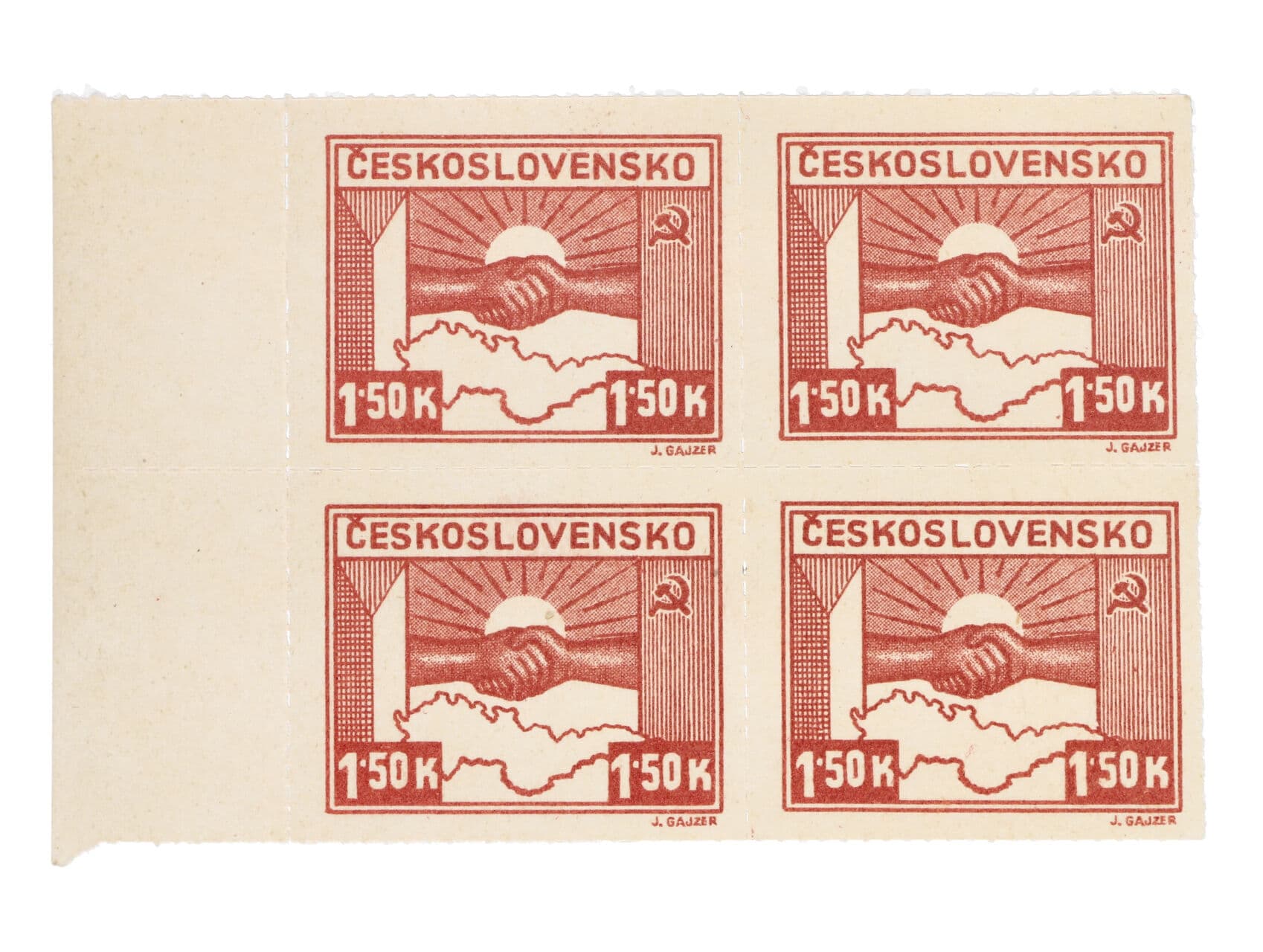 zn. č. 353 a) světle karmínová, čtyřblok s 2x svisle a 1x vodorovně vynechanými průseky..