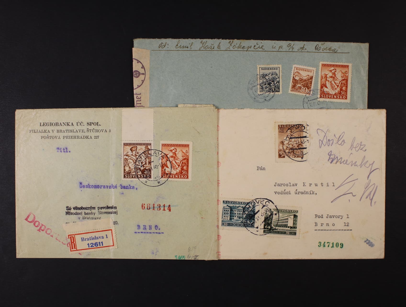 KL v místě frank. čs. - slovenskou smíš. frankaturou, pod. raz. PREŠOV 1 25.3.39 a firemní dopis frank. slov. zn. č. 8 a 12, pod. stroj. raz. BRATISLAVA 1 24.5.39