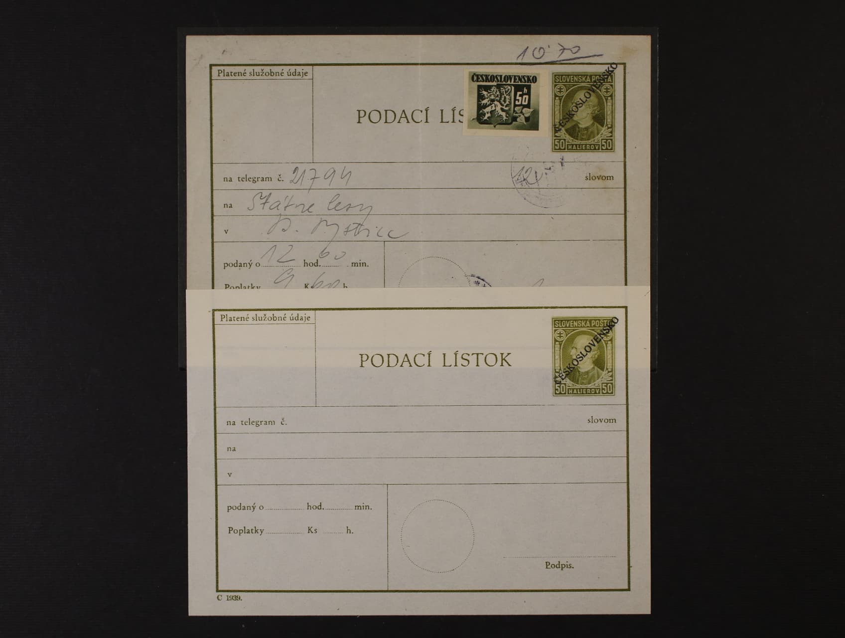 CPL č. 5b nepoužitý + CPL 5 dofrank. zn. č. 363, pod. raz. BRATISLAVA 2.9.45