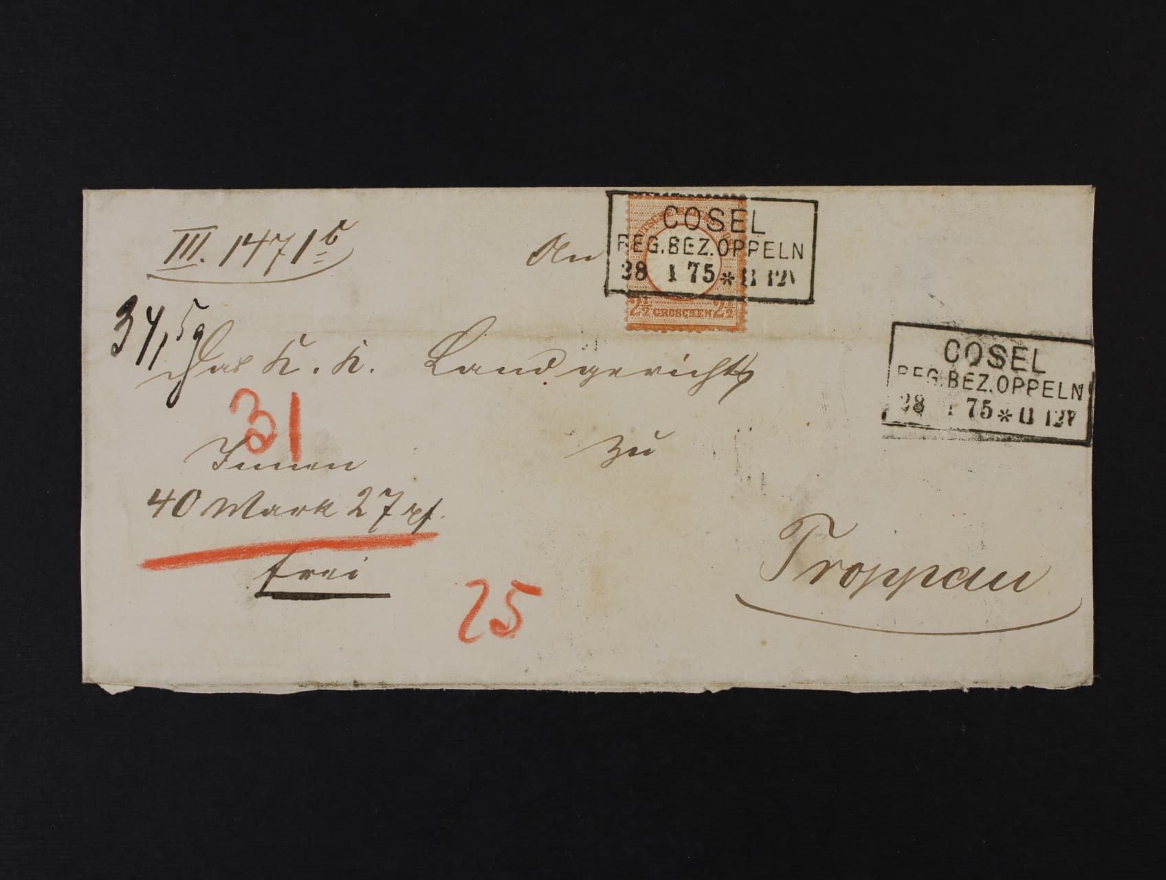 dopis do Opavy frank. zn. Mi. č. 21, pod. rámeč. raz. COSEL REG. BEZ. OPPELN 38 1 75, dopis na třech stranách otevřen