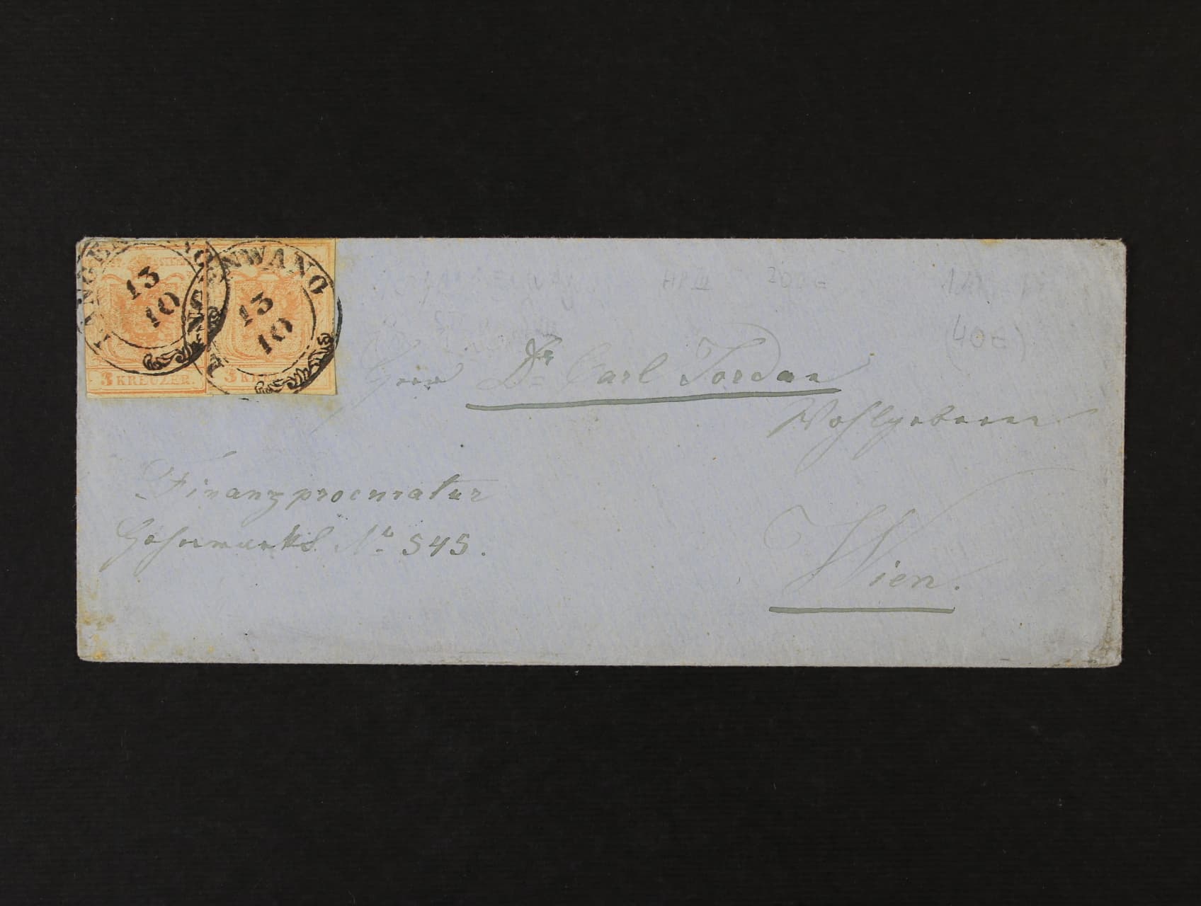 dopis malého formátu do Vídně frank. zn. Fe. č. 3 HP, typ III, (2x), tzv "Liliputschnidt", pod. raz. LANGENWANG 13.10., přích. raz. WIEN , zajímavé