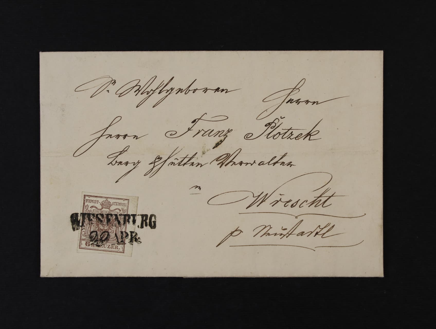 skl. dopis z r. 1855 frank. zn. Fe. č. 4 MP, typ III, řádkové raz. WIESENBERG 29.APR. + průch. a přích. raz., dobrá kvalita