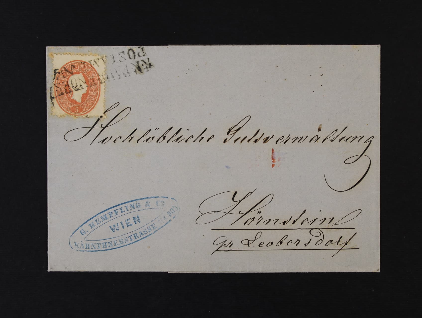 skl. firemní dopis z r. 1862 frank. zn. Fe. č. 20, pod. řádkové vlakové raz. K.K. FAHRENDES POSTAMT N. 4, přích. raz., velmi dobrá kvalita
