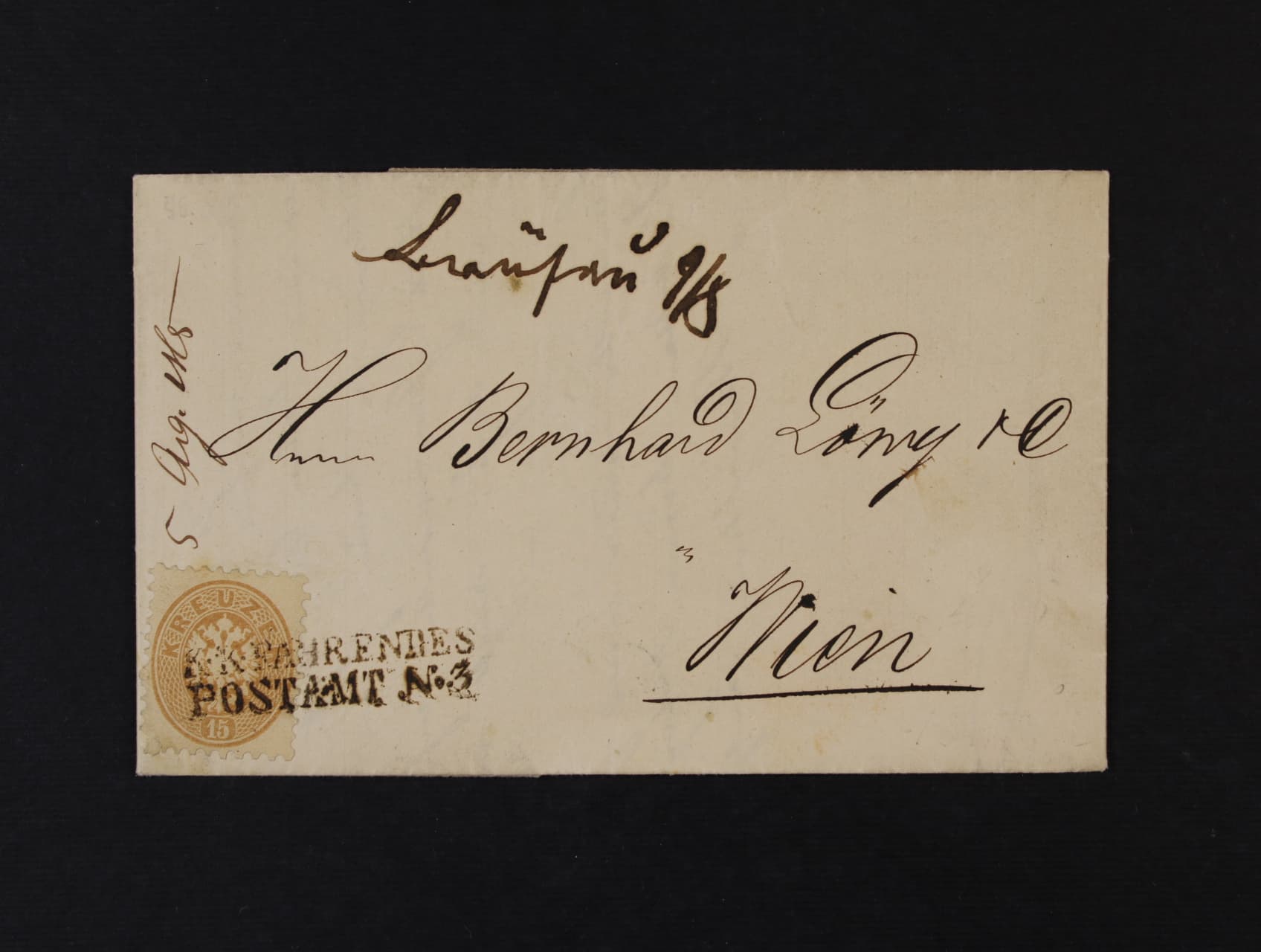 skl. dopis do Vídně z r. 1865 přepr. VLP, frank. zn. Fe. č. 34 s řádkovým pod. raz. K.K. FAHRENDES POSTAMT N. 3, přích. raz., dobrá kvalita