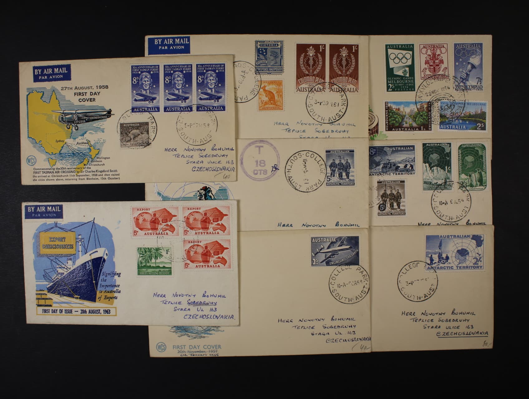 Austrálie - sestava 4x FDC se zn. Austrálie z let 1955 - 61 se zn. Mi. č. 259, 266 - 9, 281, 284, 312, + 3x FDC se zn. Austr. Antarktidy Mi. č. 1 - 6, + 1x FDC se smíš. frankaturou