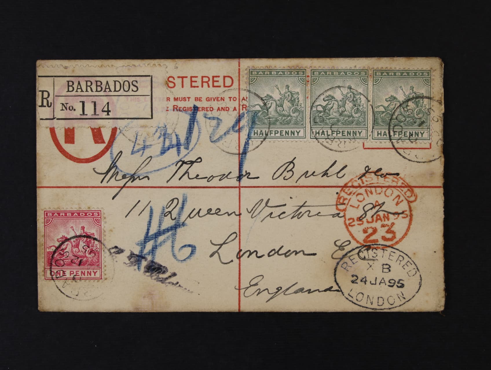 Barbados - R-celina dofrank. do Londýna, pod. raz. BARBADOS JAN.1895 + průch. černé oválné raz. REGISTERED LONDON 24.JAN.95, přích. červené raz. LONDON 25.JAN.95