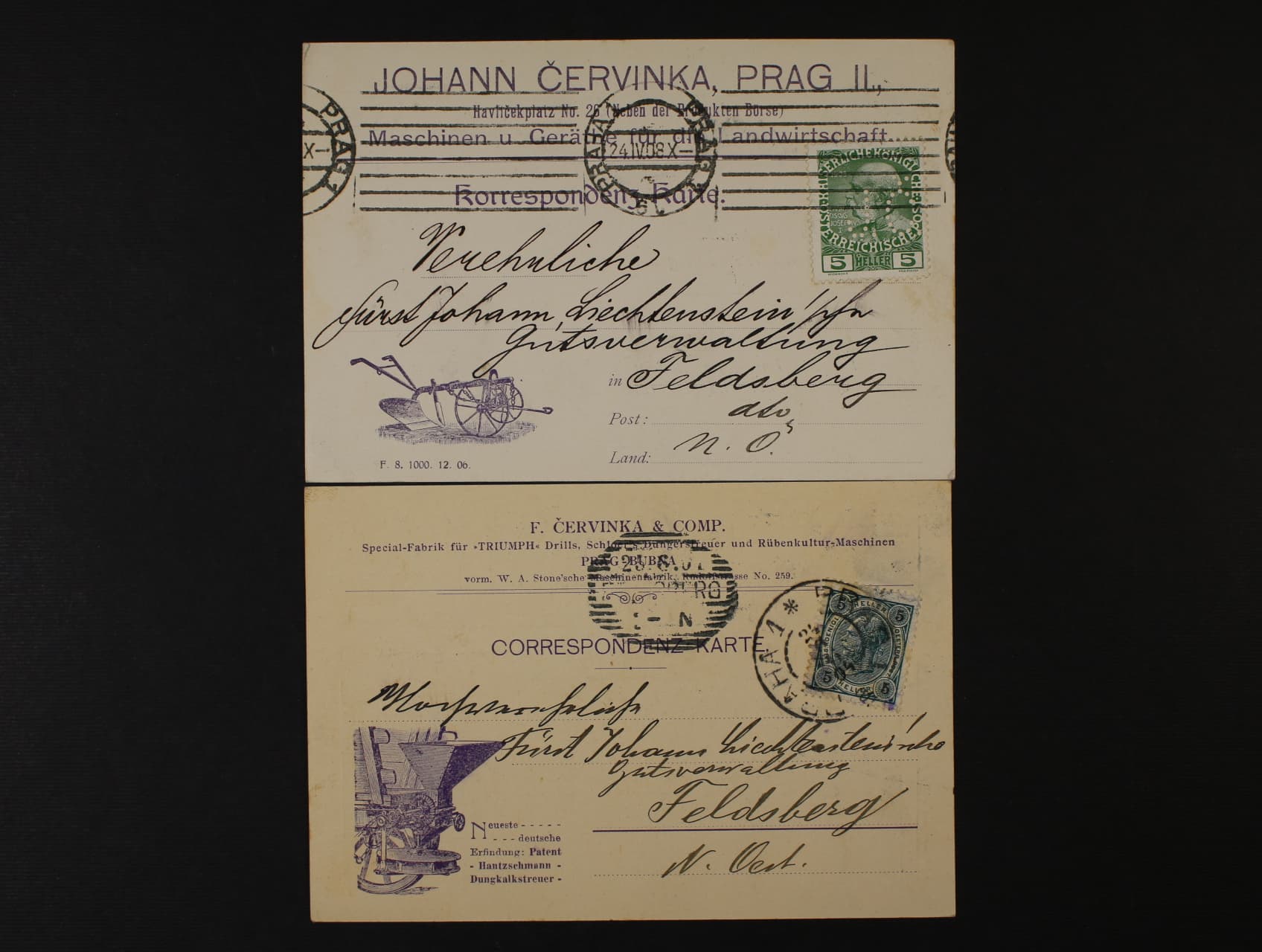 dva KL firmy Johann Červinka, Prag 2, z roku 1904 se zn. 5h F.J. bez perfinu, dtto frank. zn. 5h F.J. 1908 s identifik. perfinem J.Č., velmi zajímavé, dekorativní