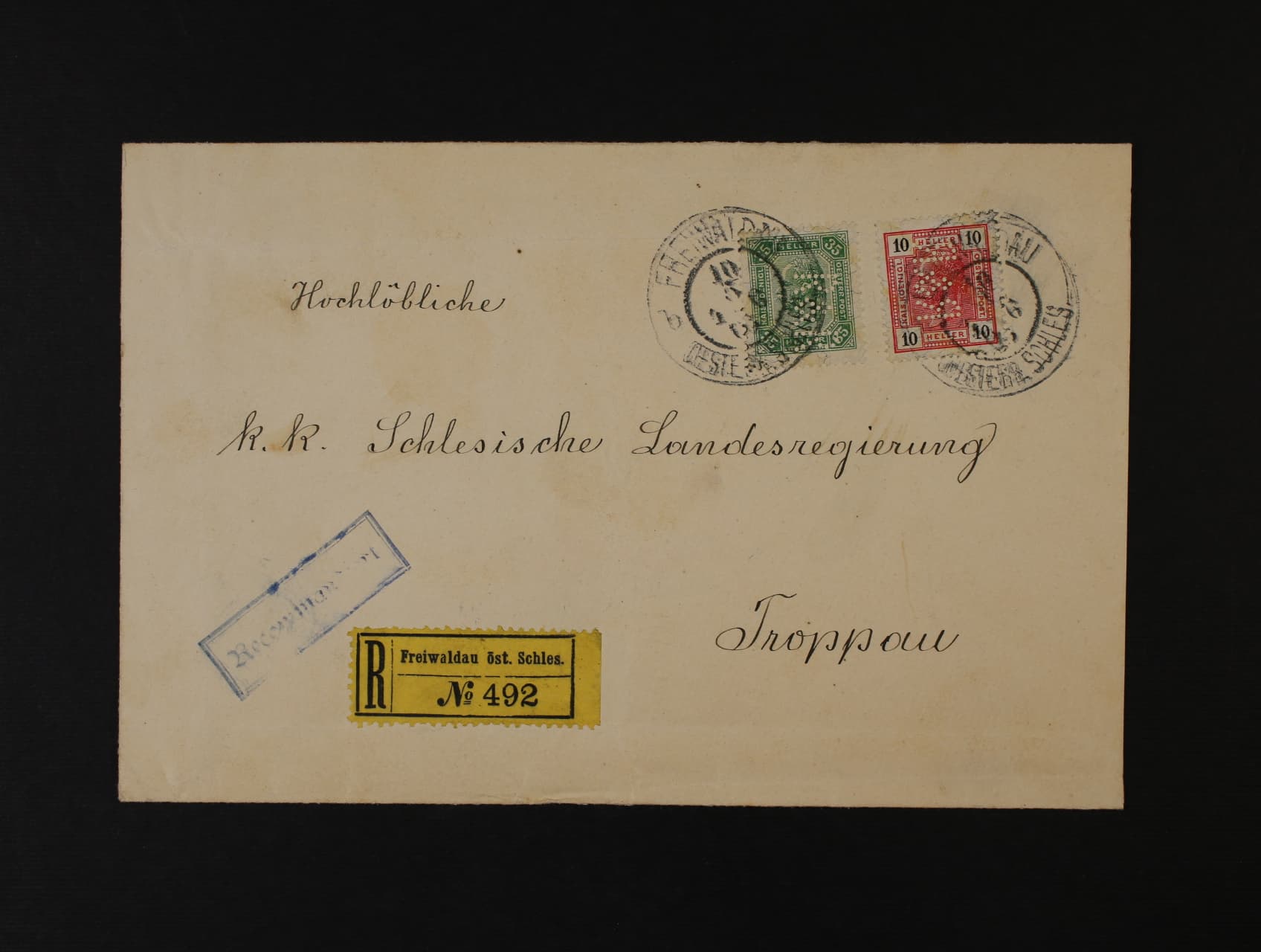 R-dopis do Opavy frank. zn. 10h a 35h F.J. s identifik. perfinem R.& R. (Regenhart & Raymann Freywaldau)