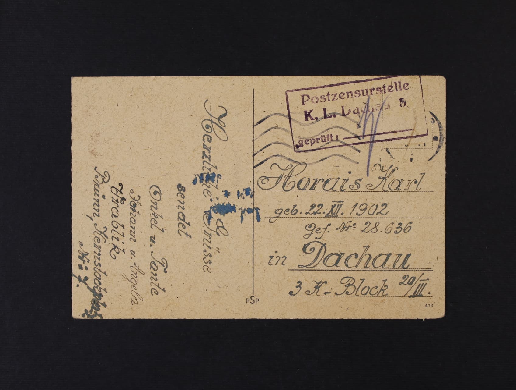 Dachau - celistvost do KT, nečitelné pod. raz., cenzurou odstraněná zn. s rámeč. cenzurním raz. Postzensurstelle K.L. Dachau 5 geprüft