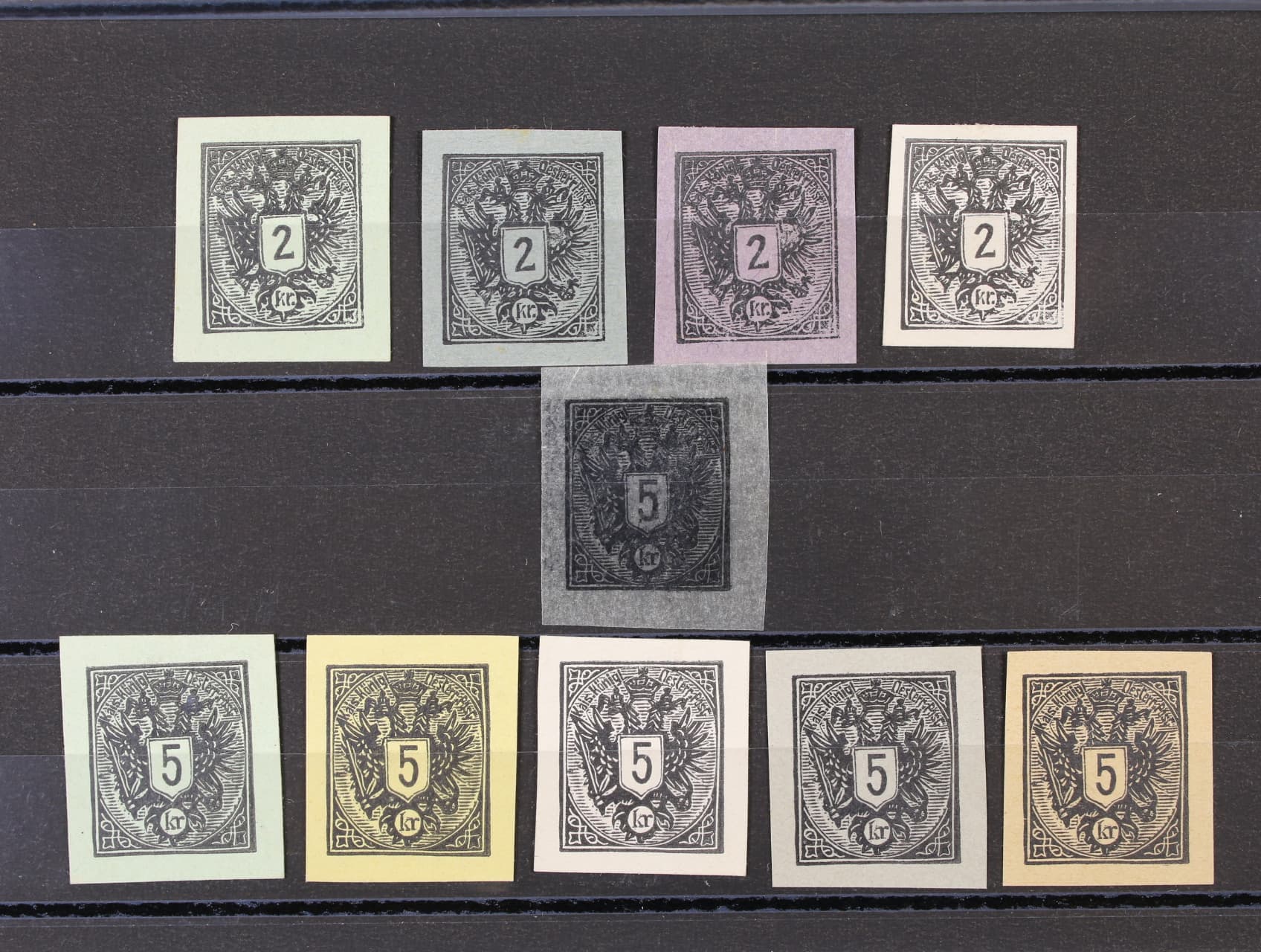 sestava 10 ks nátisků "Andrucke" ZT zn. 2kr a 5kr dvouhlavá orlice z r. 1883 na různých papírech v černé barvě