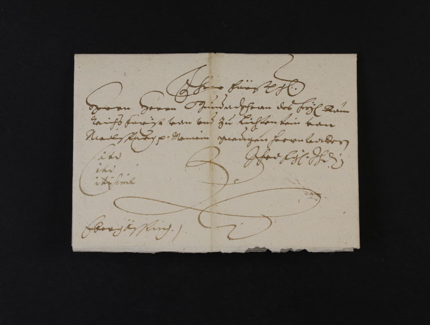 skl. spěšný dopis z r. 1650 z Regenu do Grusbachu na knížete z Liechtensteinů se zdvořilostní adresou a poznámkou Cito, Cito, Citisime, velmi zajímavé, vzácné
