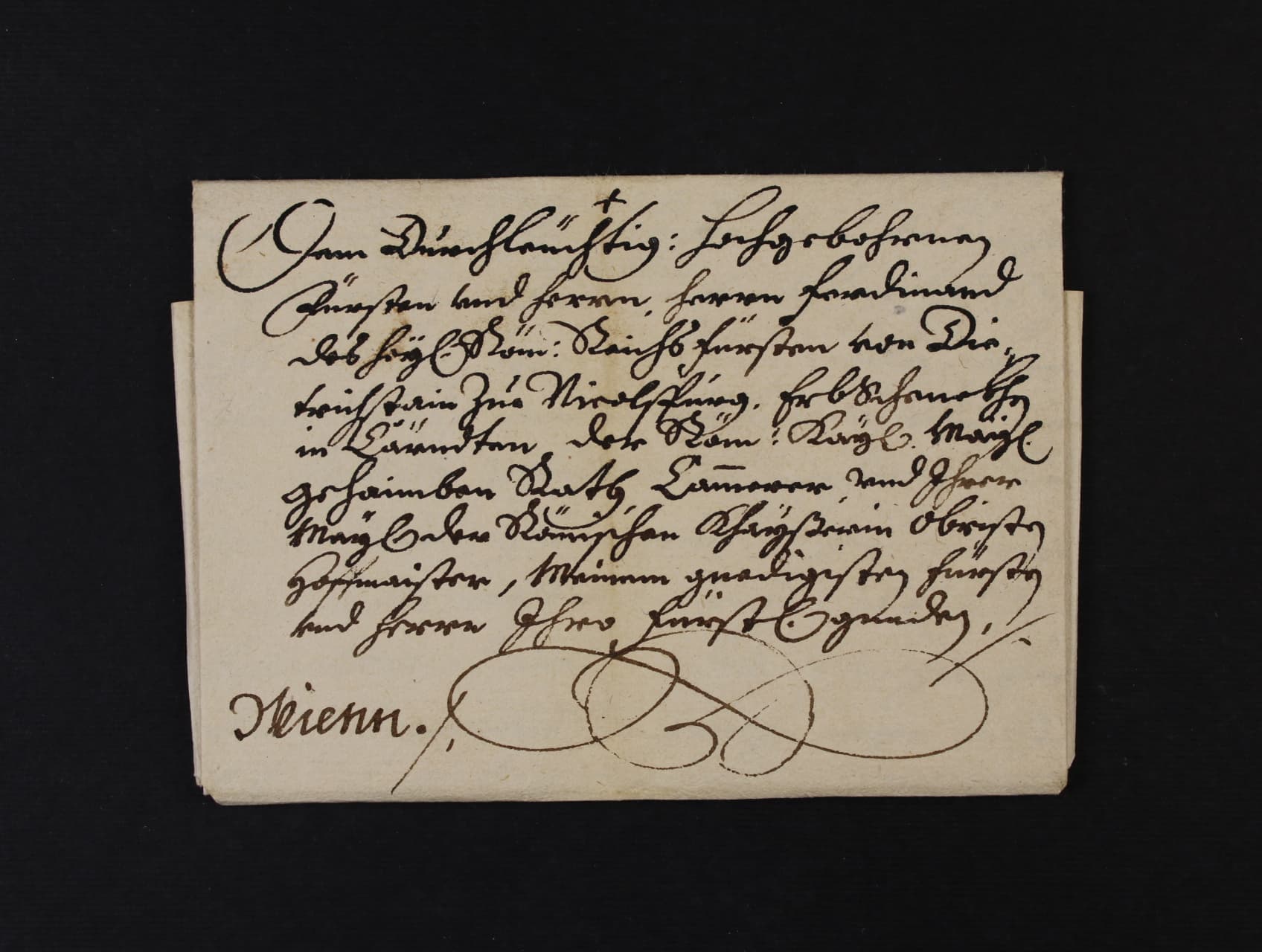 skl. dopis z r. 1667 na knížete Ferdinanda Ditrichsteina, nejvyšší cís. soudce, nejvyšší komorník na Moravě, moravský zemský hejtman, nejvyšší hofmistr cís. Leopolda I., krásná kvalita
