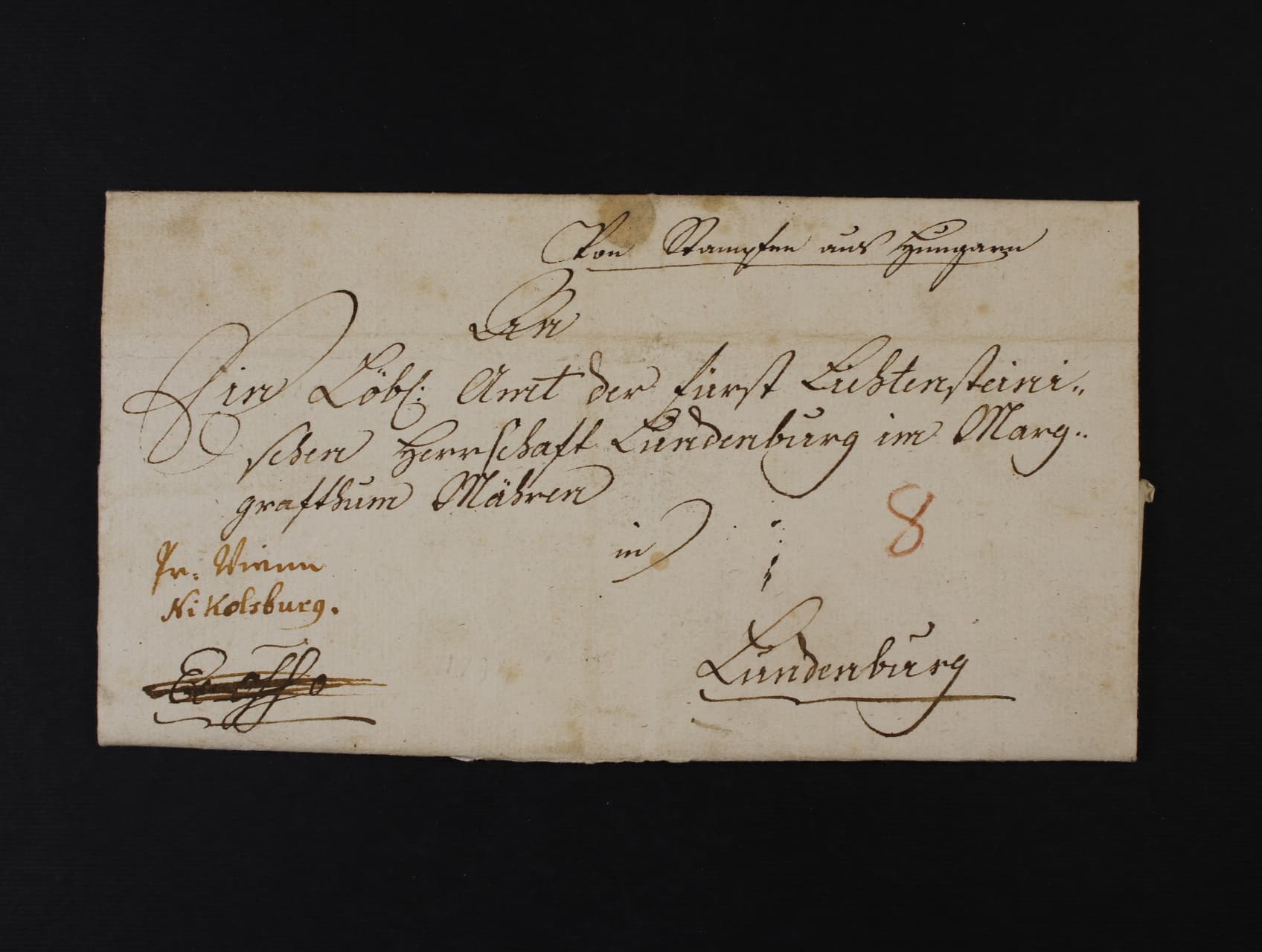 skl. dopis z r.1794 zaslaný přes Vídeň a Mikulov do Břeclavi od hraběte Leopolda Palffyho, reliéfní papírová pečeť na zadní str., zajímavé