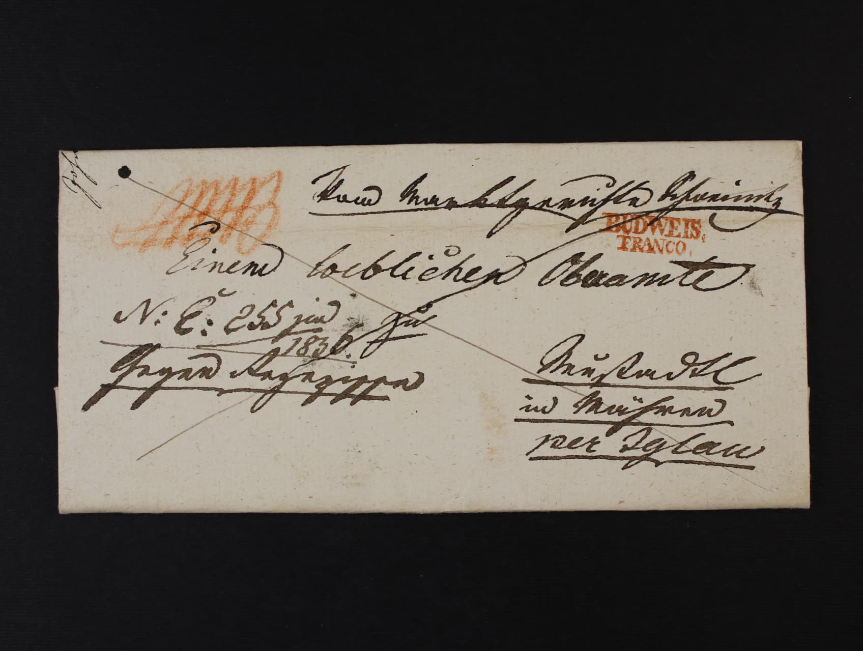 skl. dopis RECO do Jihlavy z r. 1830 s červeným řádk. raz. BUDWEIS FRANCO, dobraá kvalita, zajímavé