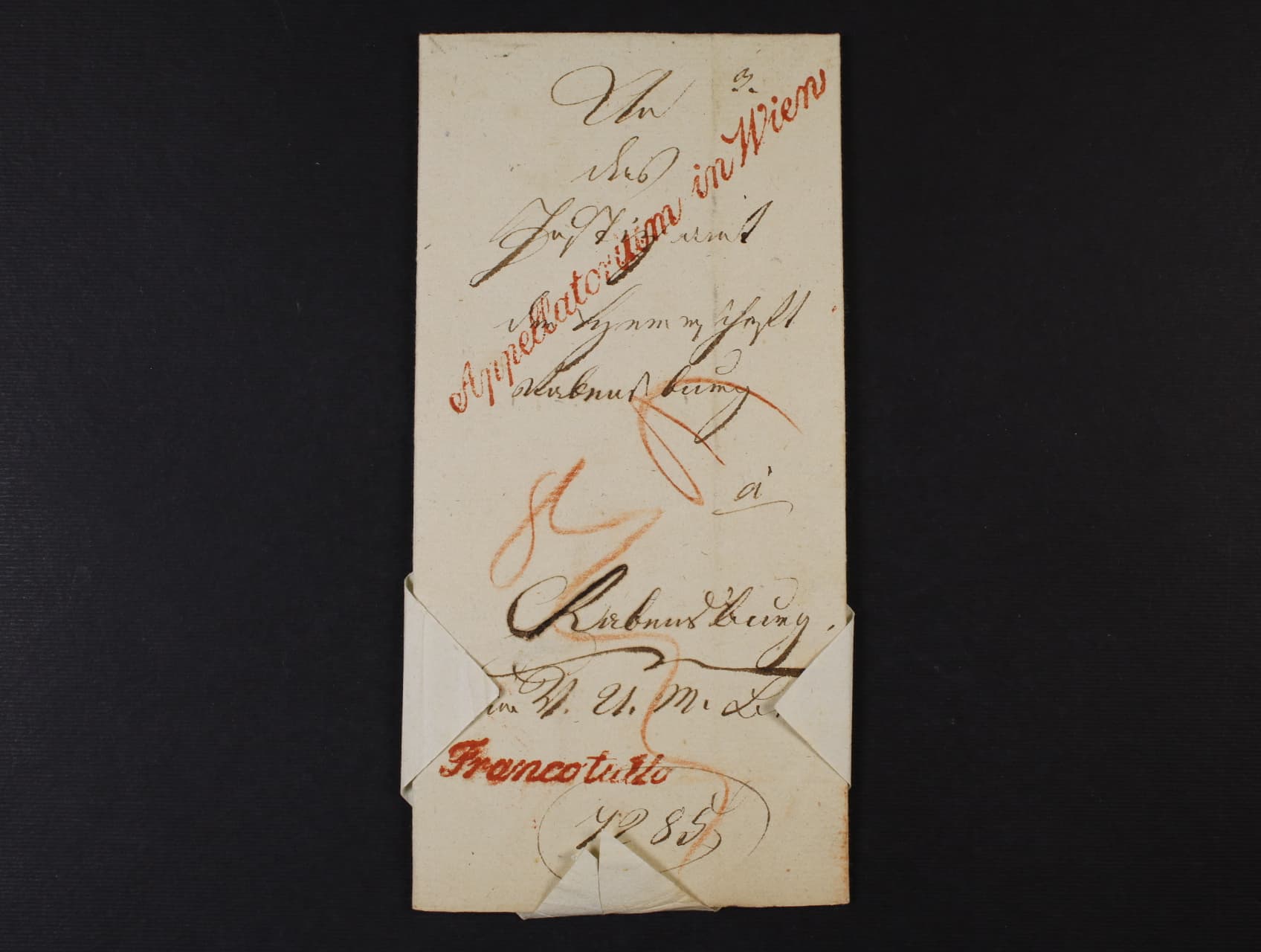 skl. dopis z r. 1839 s řádk. červeným raz. Appellatorium in Wien + červené řádk. raz. Francotutto, na zadní str. velká reliéfní papírová pečeť při otevírání přestřižena