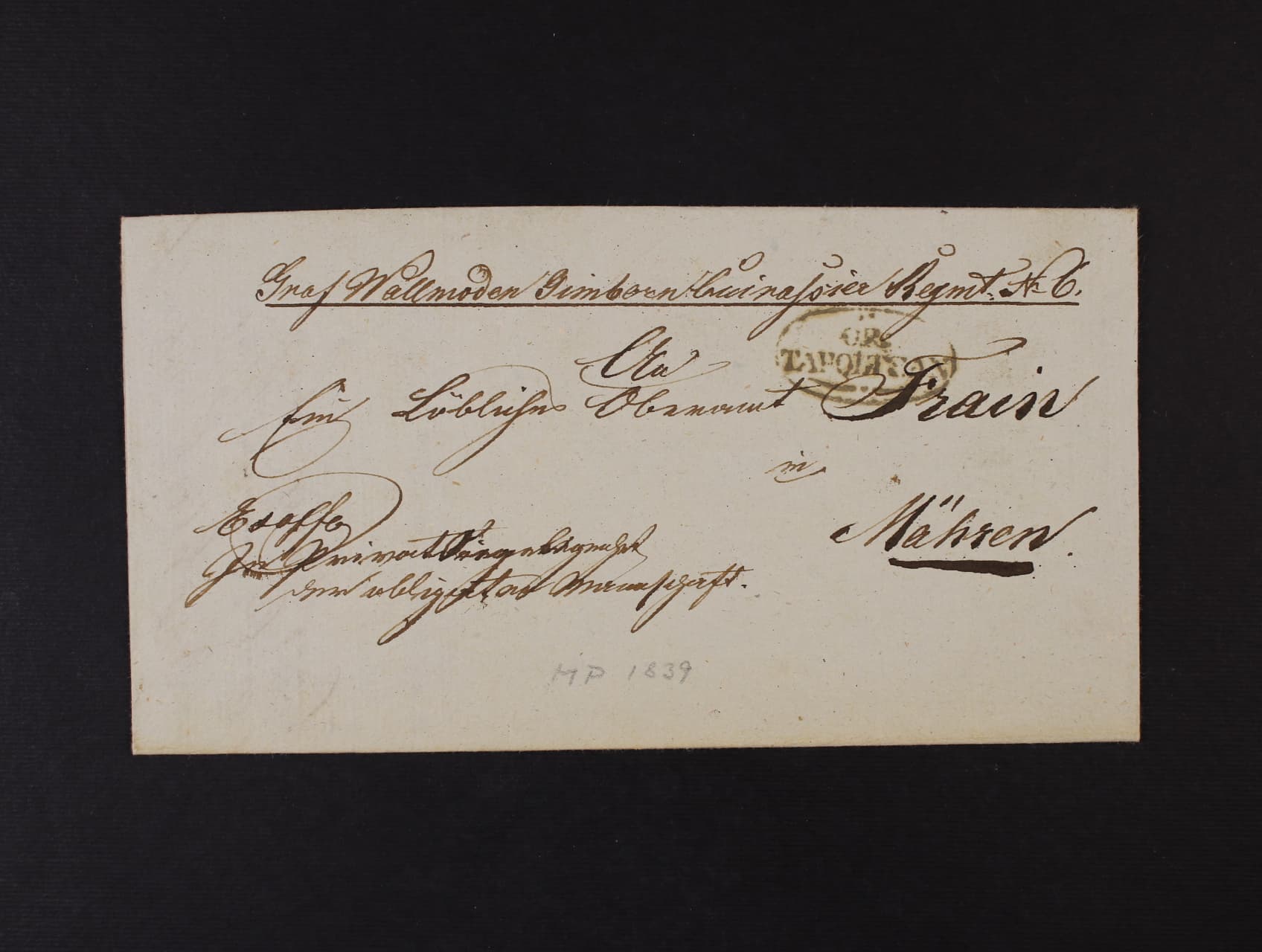 skl. vojenský dopis z r. 1839 do Vranova na Mor. s pod. oválným raz. GR: TAPOLTSAN