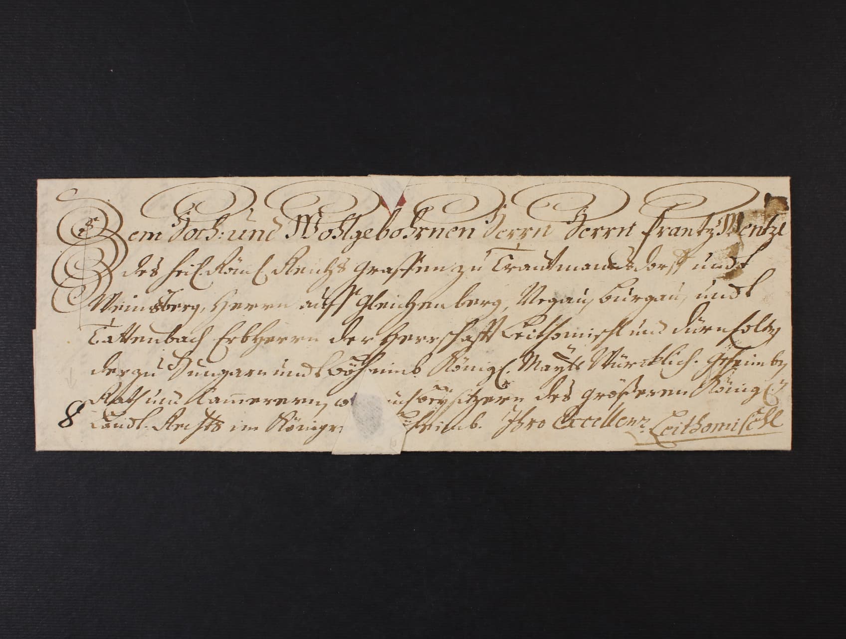 skl. dopis z Olomouce do Litomyšle z r. 1844 se zdvořilostní adresou a reliéfní neporušenou papírovou pečetí na zadní straně