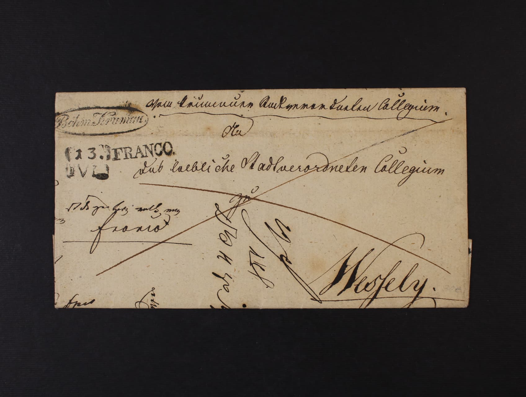 skl. dopis z r. 1848 s oválným pod. raz. Böhm Krummau + příd. řádk. raz. FRANCO a datumovka 13.5.