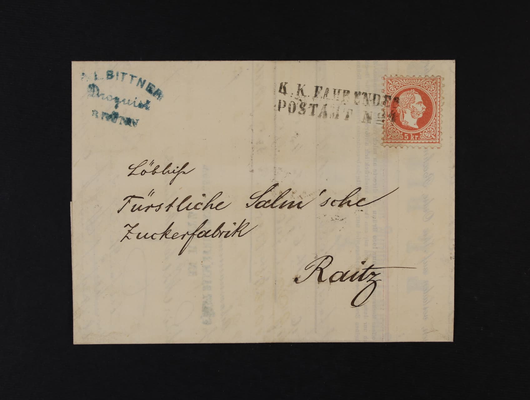 skl. firemní dopis - faktura z r. 1873 do Rájce, frank. zn. 5kr F.J. I. hrubý vous, pod dvouřádk. raz. K.K. FAHRENDES POSTAMT No. 4, dobrá kvalita