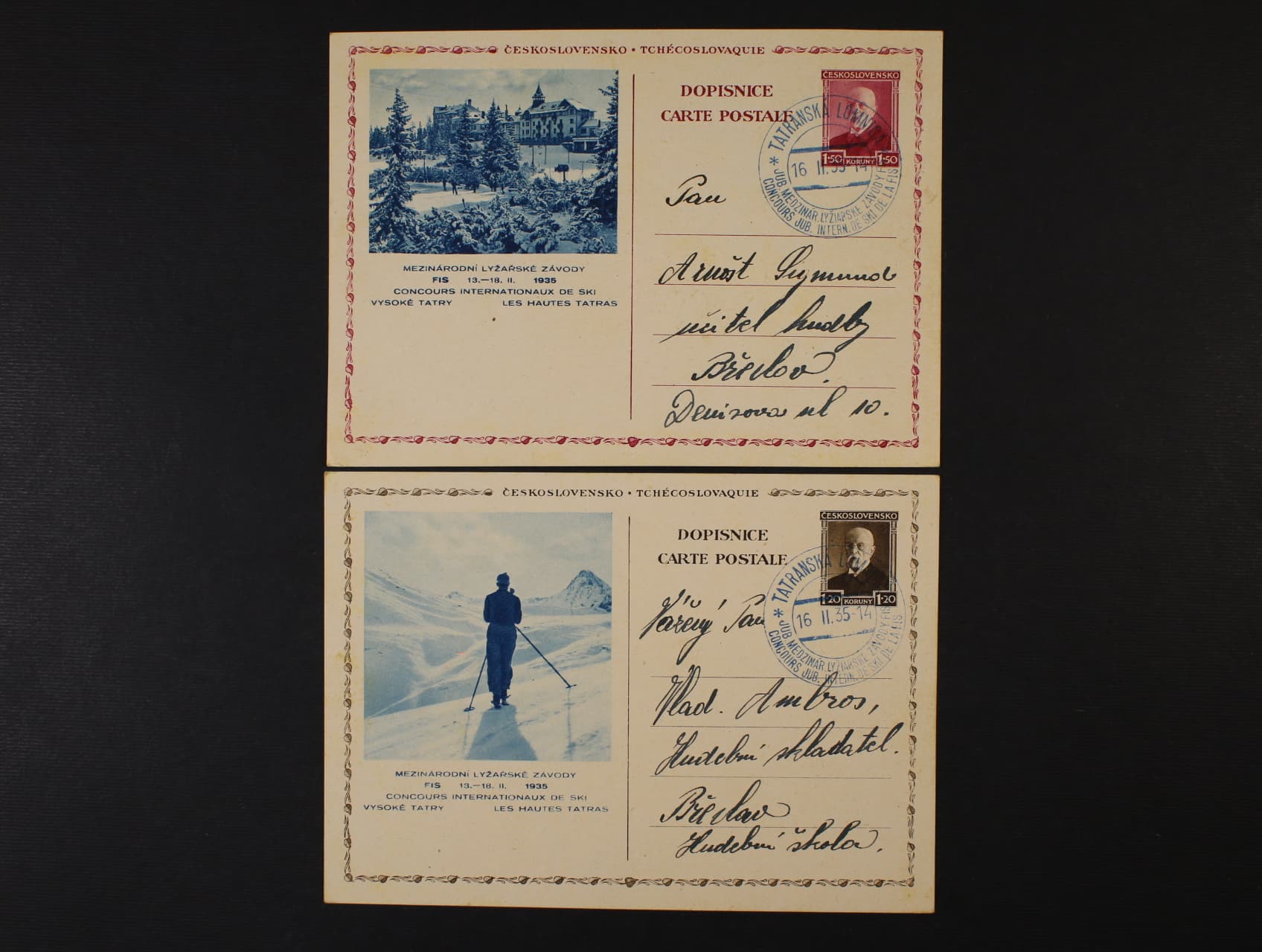CDV č. 57/1 a CDV 58/3 s modrým pam. raz. TATRANSKÁ LOMNICA 16.2.35