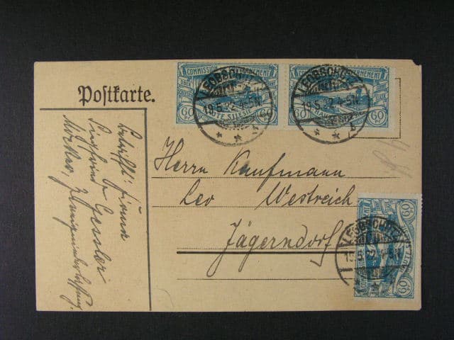 Oberschlesien - KL frank. zn. Mi. č. 23 (3x), pod. raz. LEOBSCHUTZ 19.5.22, 100 EUR