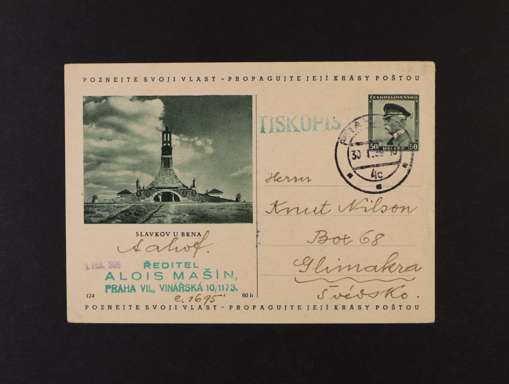 Předběžné - CDV č. 69/124 Slavkov u Brna jako tiskopis do Švédska, pod. raz. PRAHA 30.1.39
