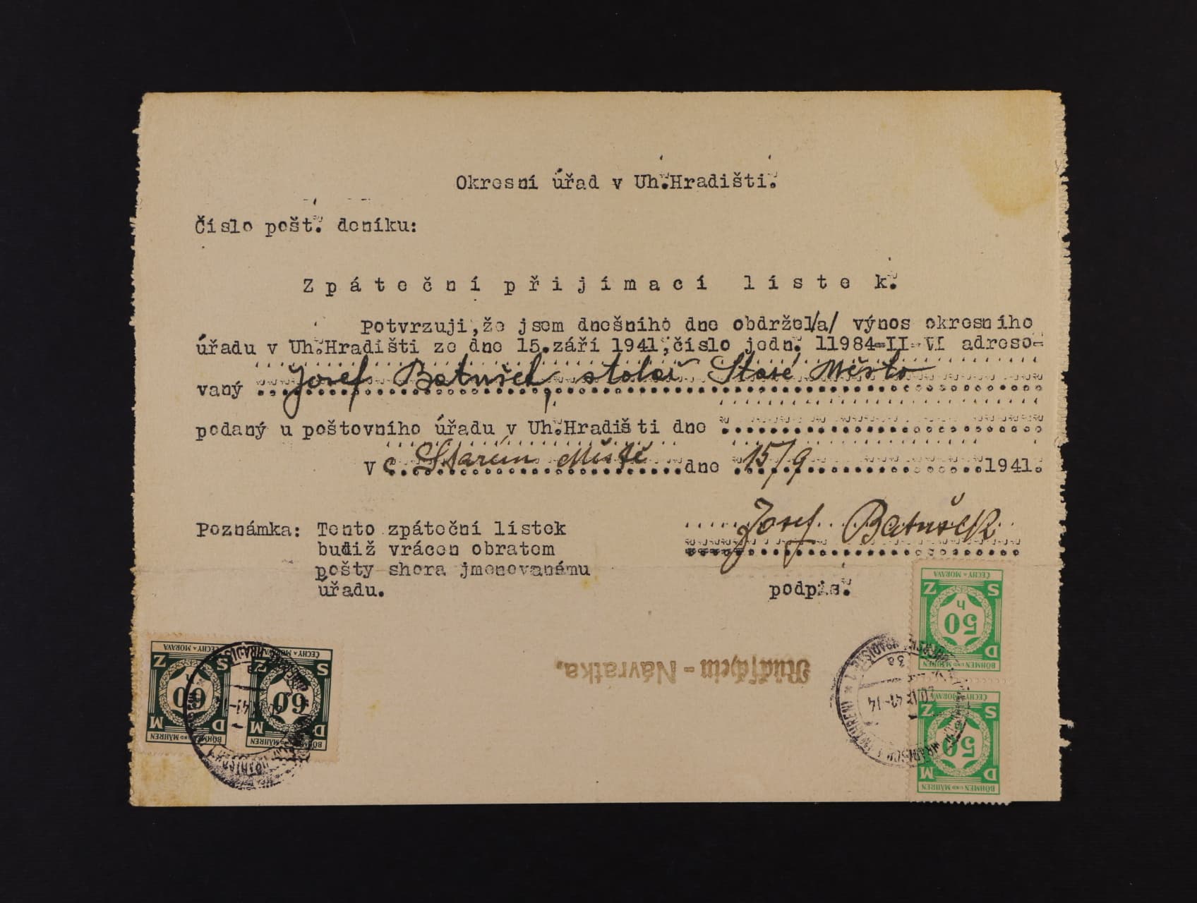 formulář Zpáteční přijímací lístek s vylepenými zn. SL č. 3, SL 4 ve dvoupáskách s DR UHERSKÉ HRADIŠTĚ 1 20.9.41