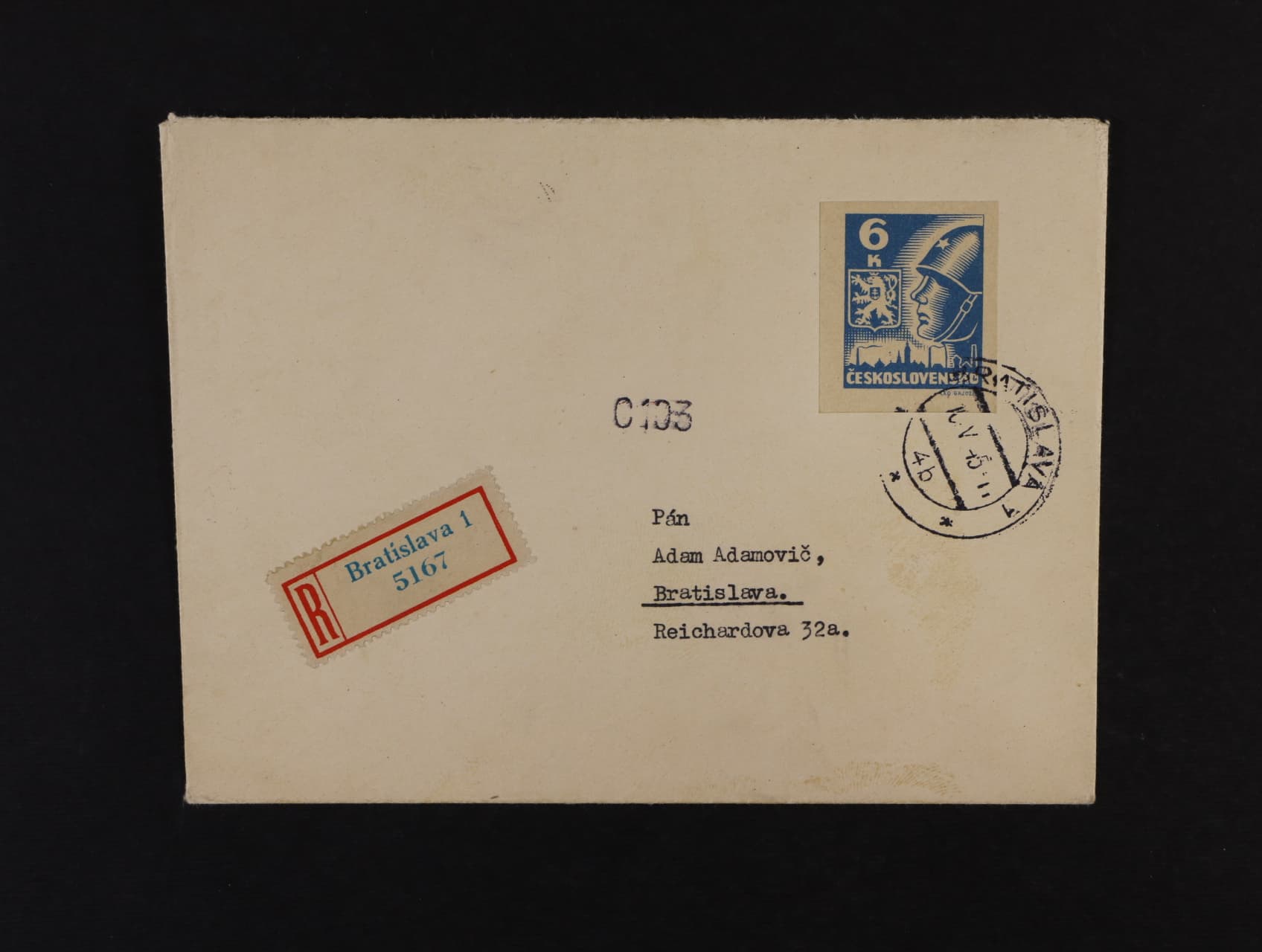 R-dopis frank. zn. č. 356, pod. raz. BRATISLAVA 1 10.5.45, zajímavé
