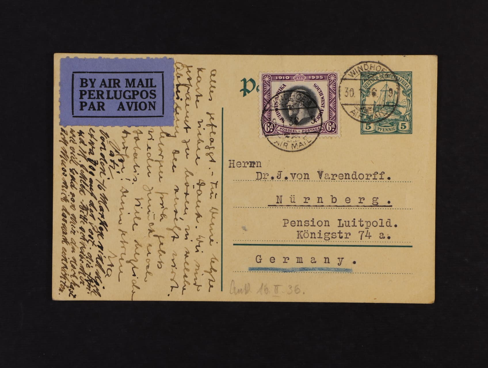 KL DEUTSCH - SÜDWESTAFRIKA 5pf dofrank. zn. Jižní Afriky 6d, zaslaná letecky do Německa s pod. raz. WINDHOEK 30.1.36, zajímavé