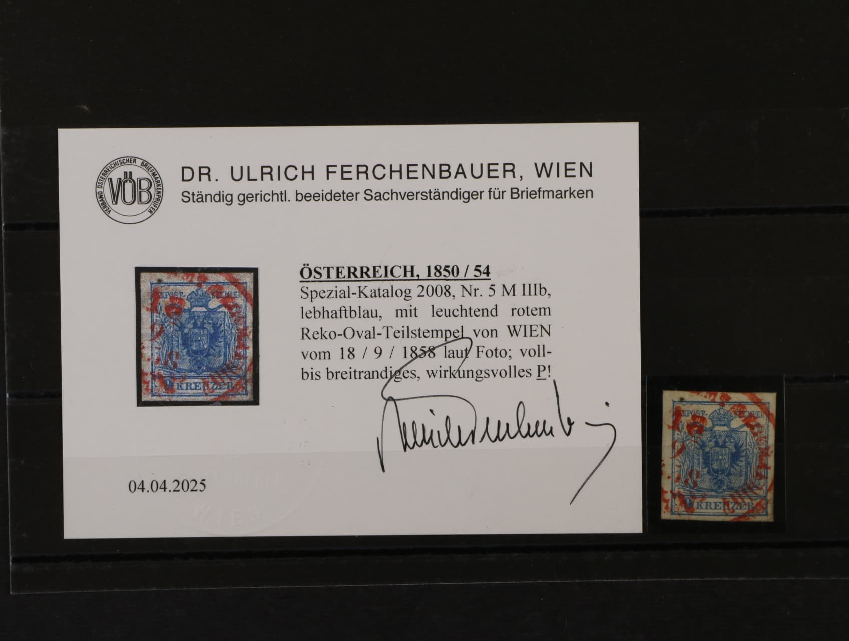 zn. Fe. č. 5 M, typ IIIb jasně modrá s nekpmpl. oválným raz. RECO WIEN 18.9.1858, zk. a atest Ferchenbauer