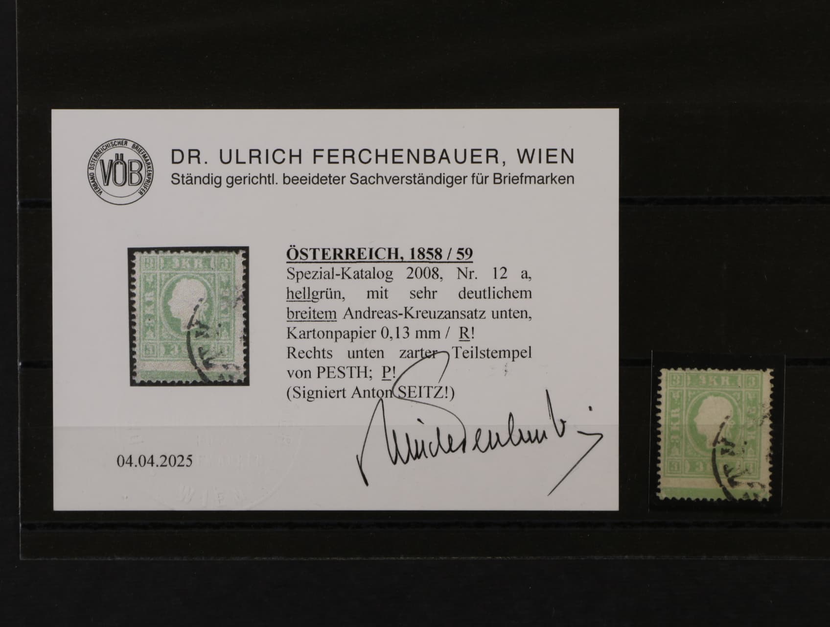 zn. Fe. č. 12a 3kr světlezelená s částí Ondřej. kříže na spodním okraji, karton. papír 0,13 mm, zk. Anton Seitz, atest Ferchenbauer (raritní kus)