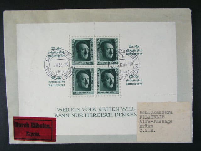 EXPRES dopis do Brna frank. něm. zn. Mi. č. 586, 587, Bl. 11, pod. raz. MÄHRISCH AUSSE 6.12.38