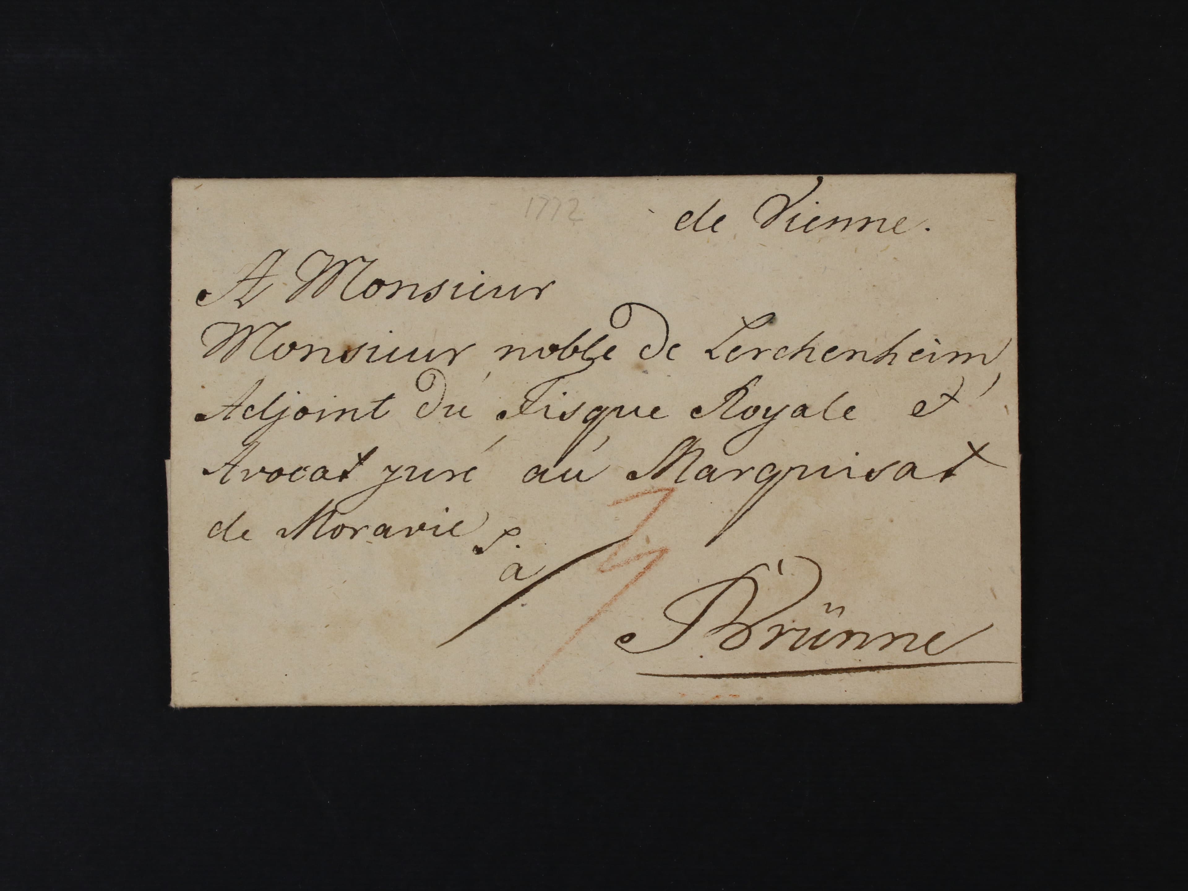 skl. dopis z r. 1772 z Vídně do Brna adresovaný na Monsiňora De Lerchenheima se zdvořilostní adresou a neporušenou pečetí
