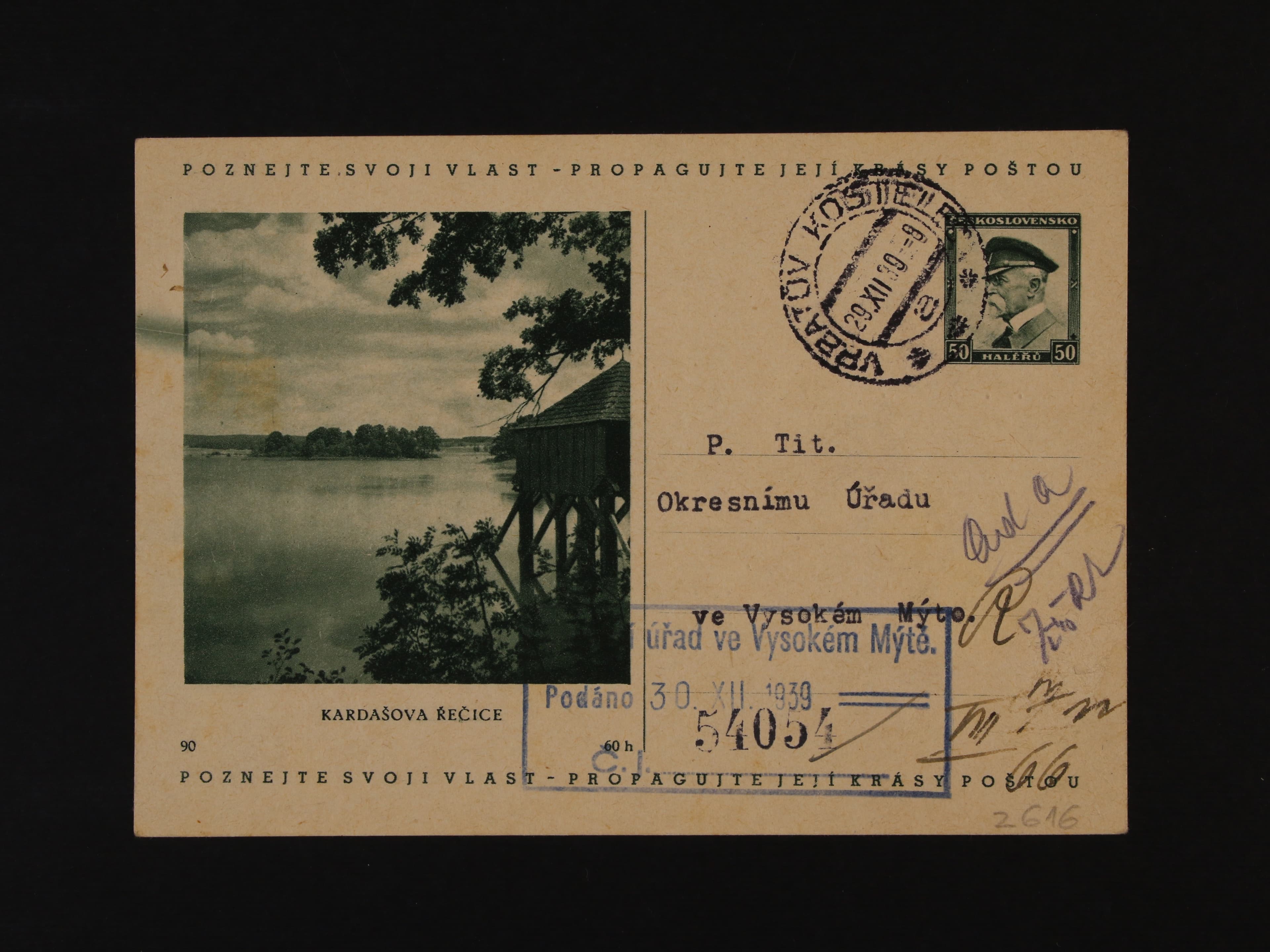 Předběžné - CDV č. 69/90 Kardašova Řečice do Vysokého Mýta, pod. raz. VRBATŮV KOSTELEC 29.12.39 + prezenční raz, navíc s VV rozmazaná barva na levém okraji (stěr), kat. cena 2500 Kč