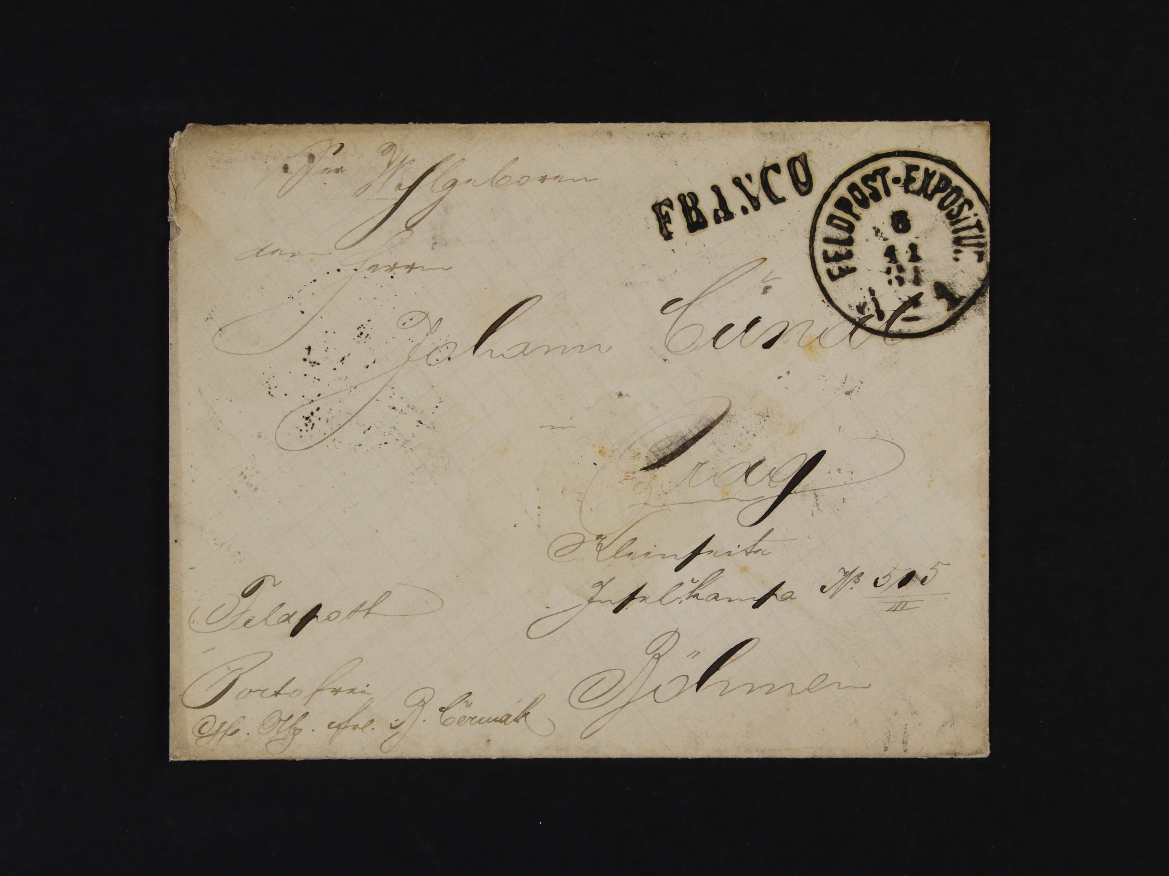 dopis z Bosny do Prahy z r. 1881 přepr. FP, pod. kulaté jednokruh. raz. FELDPOST - EXPOSITUR Nr. 1 6.11.81 + řádk. raz. FRANCO a průch. raz. K.u.K. MILIT. POST XXII. SARAJEVO 10.11.81, + WIEN 14.11.81