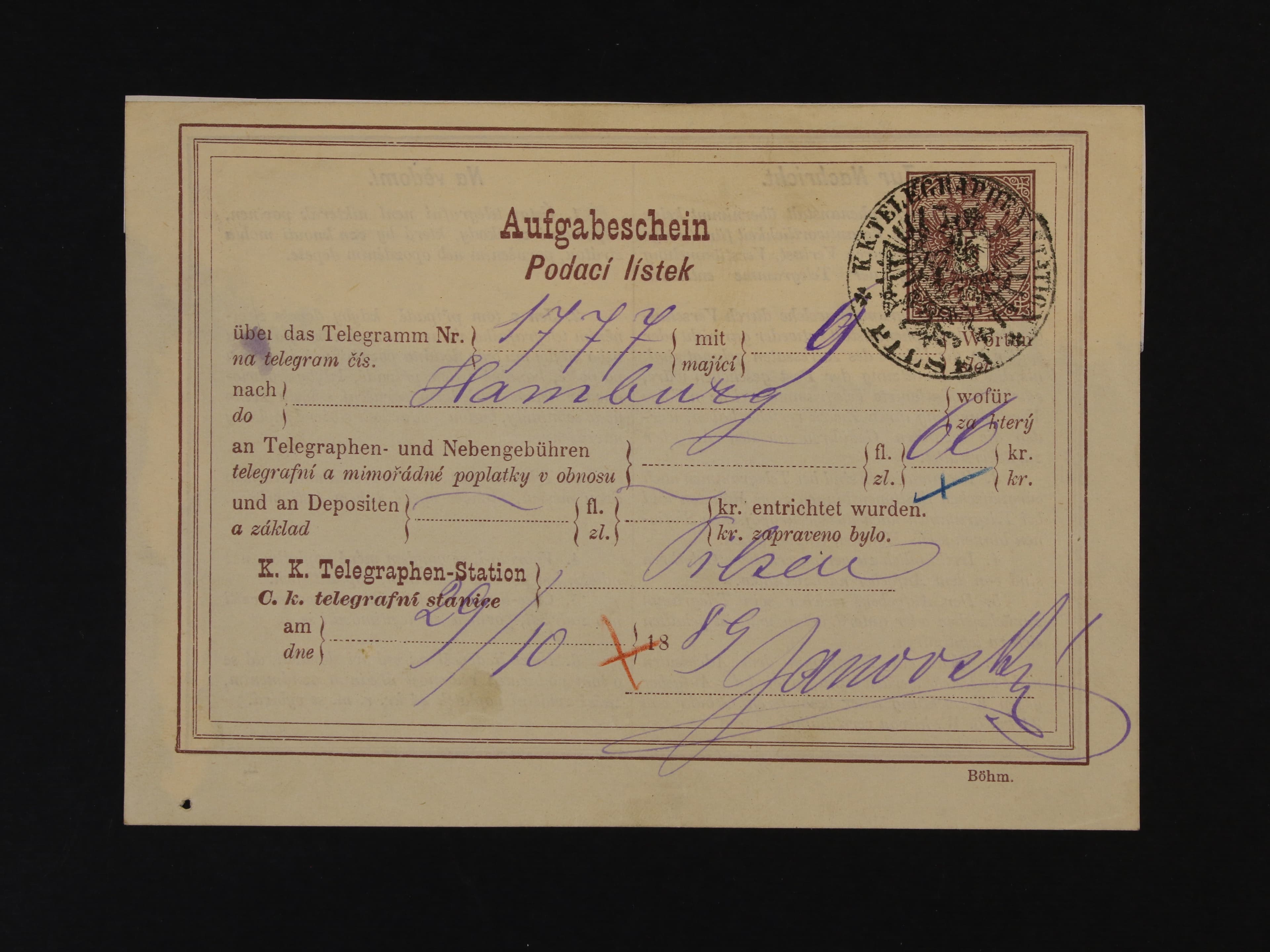 podací lístek na telegram 5kr s kulatým pod. raz. K.K. TELEGRAPHEN STATION PILSEN s datací v textu 29.10.89