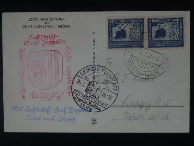 Zeppelinova letecká pošta 1939 - korespondenční lístek" DEUTSCHLAND LEIPZIG FAHRTEN 1939"