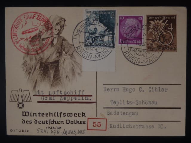 Zeppelinova letecká pošta 1938  - korespondenční lístek "LUFTSCHIFF GRAF ZEPPELIN Fahrt in das befreite Sudetenland"