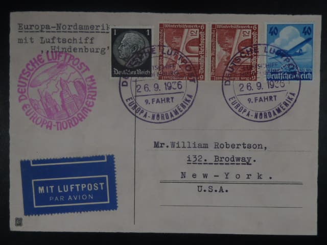 Zeppelinova letecká pošta 1936 - korespondenční lístek "9. FAHRT - EUROPA-NORDAMERIKA"