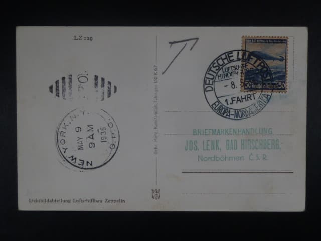 Zeppelinova letecká pošta 1936 - korespondenční lístek "DEUTSCHE LUFTPOST - 1.FAHRT EUROPA-NORDAMERIKA"