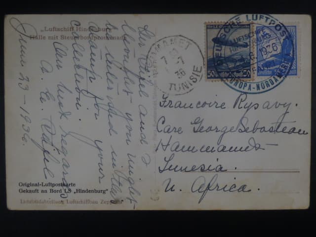 Zeppelinova letecká pošta 1936 - korespondenční lístek "DEUTSCHE LUFTPOST - 3.FAHRT EUROPA-NORDAMERIKA"