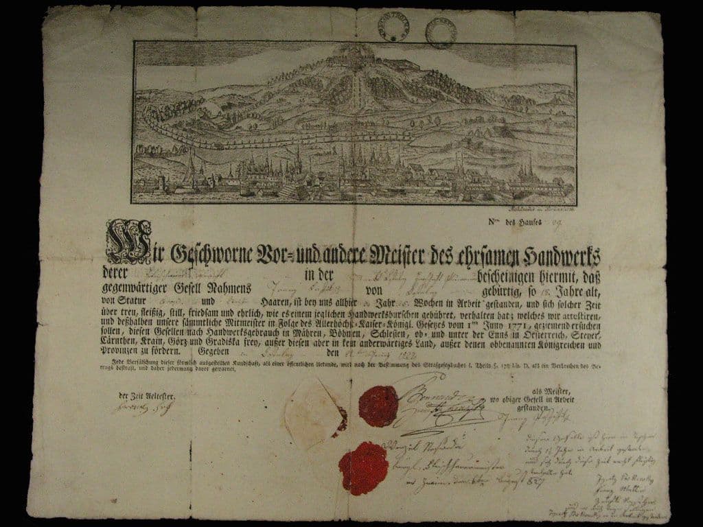 Olomouc, výuční list z roku 1827 s vedutou Olomouce