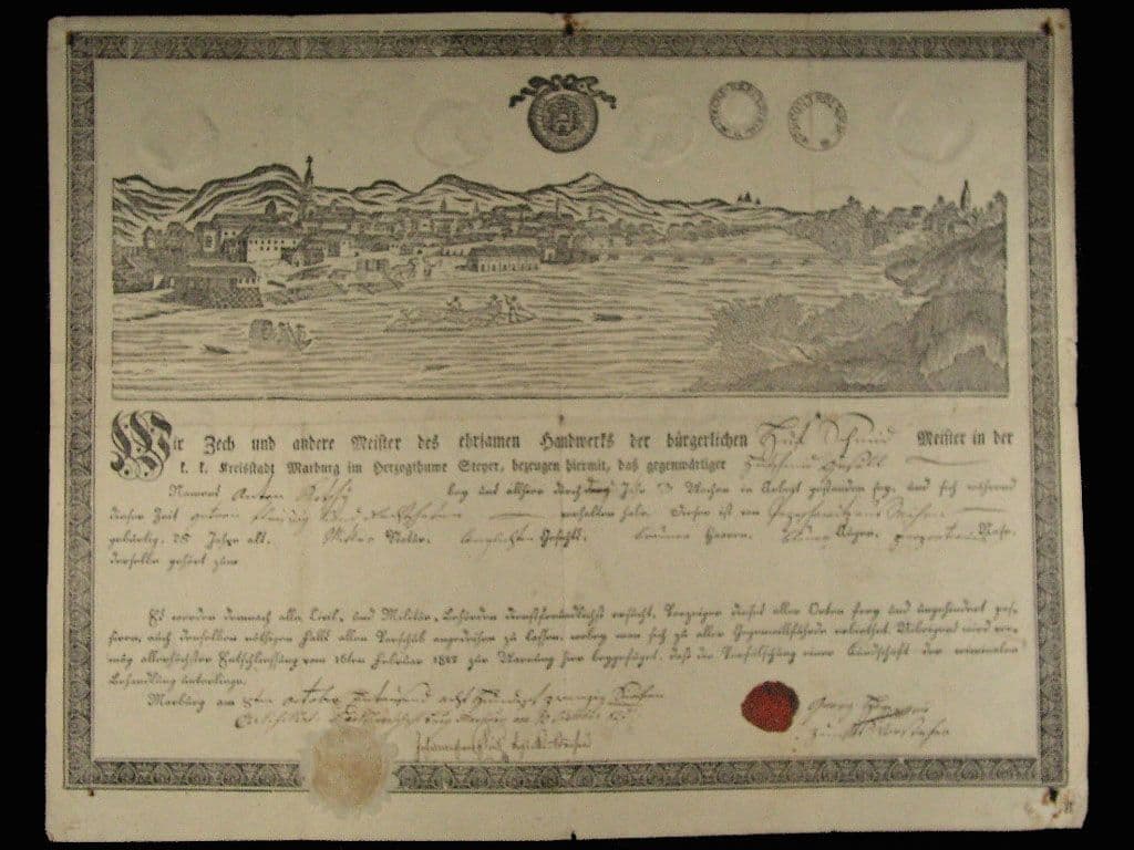 Marburg (Steyer), výuční list z roku 1827 s vedutou